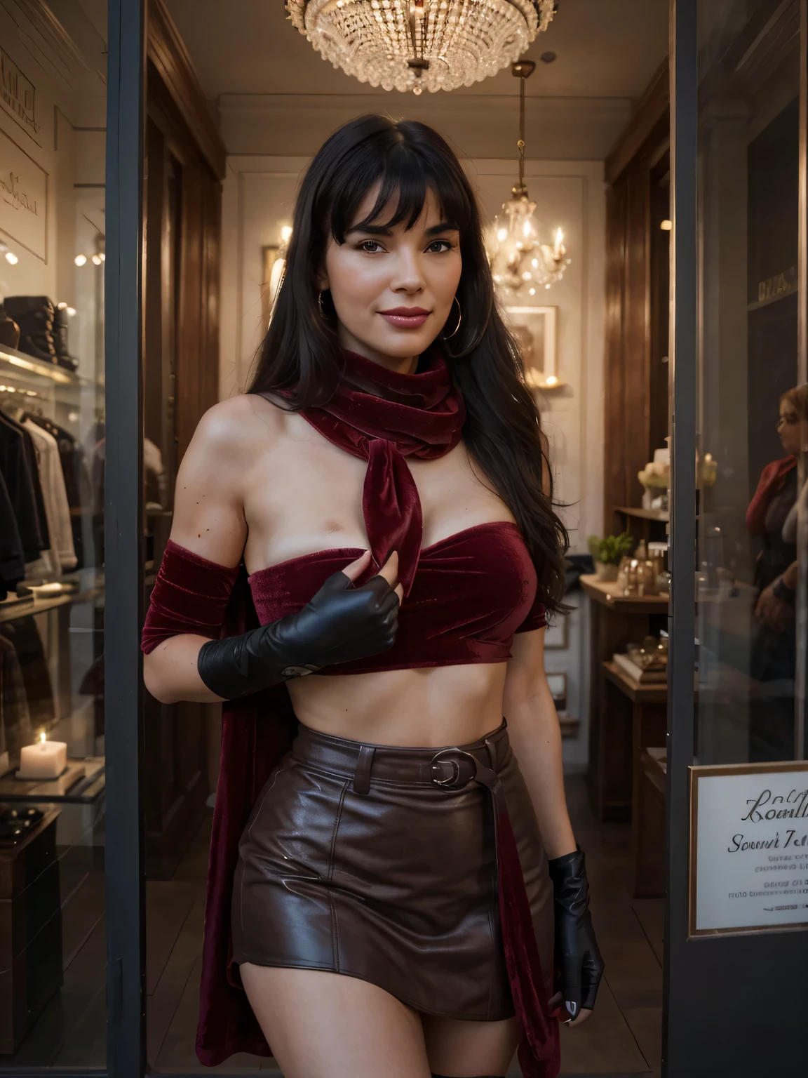 solo lovely smiling Bettie Page,, in front of boutique, (highest quality texture), boutique store front, display windows full of interesting items, film quality, dark skinned woman dressed in high style fashion, she wears red velvet scarf, black elbow leather gloves , long velvet skirt (highest level red velvet texture detail, luxurious), she's in front of beautiful boutique ,soft accent candlelight in windows, gorgeous rembranndt like lighting, (Rembrandt patch), (highest quality window details), hip cool boutique in background, silky long dark hair, hair bangs to her eyes, every detail,Fine facial features, Masterpiece – Masterpiece ○○ quality – ○○ quality best quality(Highest Quality) ,Leica film, best, solo female, High quality (hiquality) etc ○○ detailed – ○○ details ultra detailed(Ultra-fine ), Photorealistic, Extremely detailed(Extremely detailed) , Finely detailed(Fine-grained), (highest detail skin texture peachfuzz earlobe realistic) etc ○○ res – ○○ resolution ultra high res(A high resolution) , very high texture res(light resolution), Realistic – Realistic Photorealistic – photorealistic beautiful – beautiful 4k , 8K, artsy shop front, close and intimate,