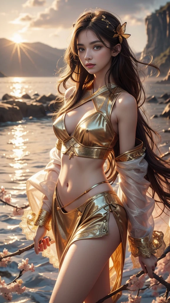 ((masterpiece, best quality, extremely detailed), volumetric lighting, ambient occlusion, colorful, glowing), 1girl, solo, young girl, (dark hair), long hair, halo, aura, sacred, goddess, cleric suit, (bikini with gold detailst:1.3), seethrough robe, outdoors, sunset, sky, clouds, space, (fantasy theme:1.2),