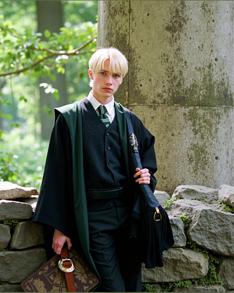 there is a young boy dressed in a harry potter costume, similar to malfoy, draco, film still from harry potter, long trunk holding a wand, wearing hogwarts!!! robes!!!, wearing dark green robes, in hogwarts, still from harry potter, elijah wood as harry potter, young tom hiddleston, forrest in background, holding wands, still from harry potter movies