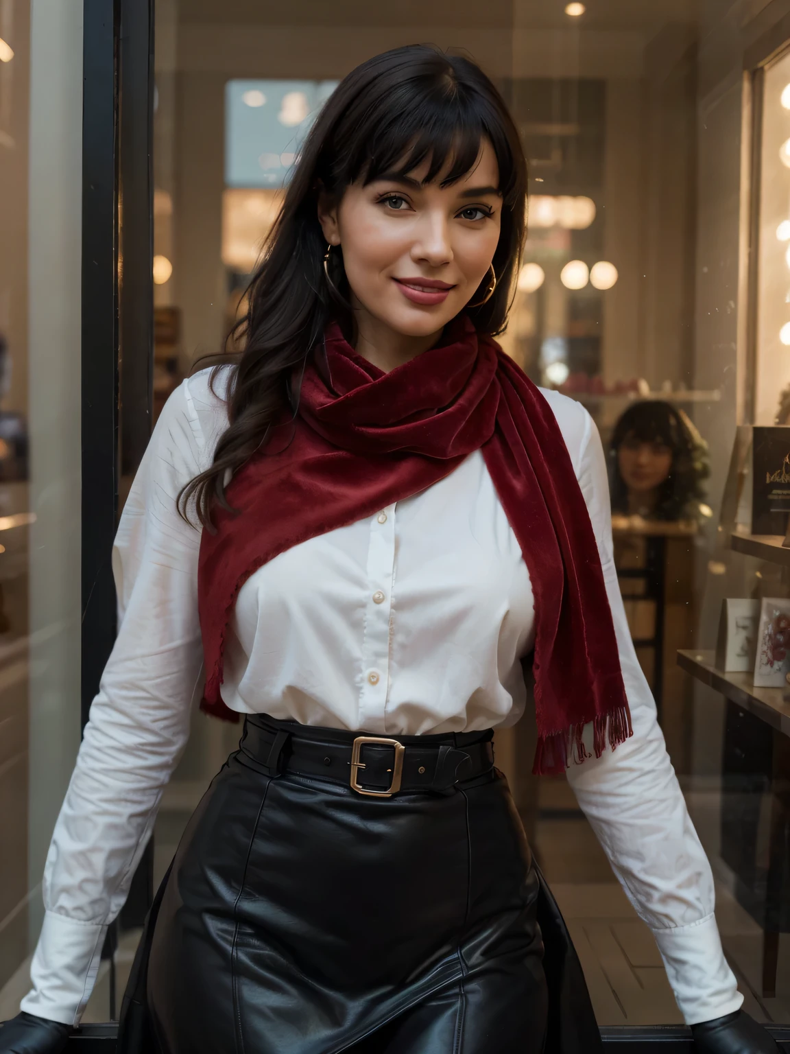 solo lovely smiling Bettie Page,, in front of boutique, (highest quality texture), boutique store front, display windows full of interesting items, film quality, dark skinned woman dressed in high style fashion, she wears red velvet dress and a scarf, black elbow leather gloves , long velvet skirt (highest level red velvet texture detail, luxurious), she's in front of beautiful boutique ,soft accent candlelight in windows, gorgeous rembranndt like lighting, (Rembrandt patch), (highest quality window details), hip cool boutique in background, silky long dark hair, hair bangs to her eyes, every detail,Fine facial features, Masterpiece – Masterpiece ○○ quality – ○○ quality best quality(Highest Quality) ,Leica film, best, solo female, High quality (hiquality)　etc ○○ detailed – ○○ details ultra detailed(Ultra-fine ), Photorealistic, Extremely detailed(Extremely detailed) , Finely detailed(Fine-grained), (highest detail skin texture peachfuzz earlobe realistic)　etc ○○ res – ○○ resolution ultra high res(A high resolution) , very high texture res(light resolution), Realistic – Realistic Photorealistic – photorealistic beautiful – beautiful 4k , 8K, artsy shop front, close and intimate,