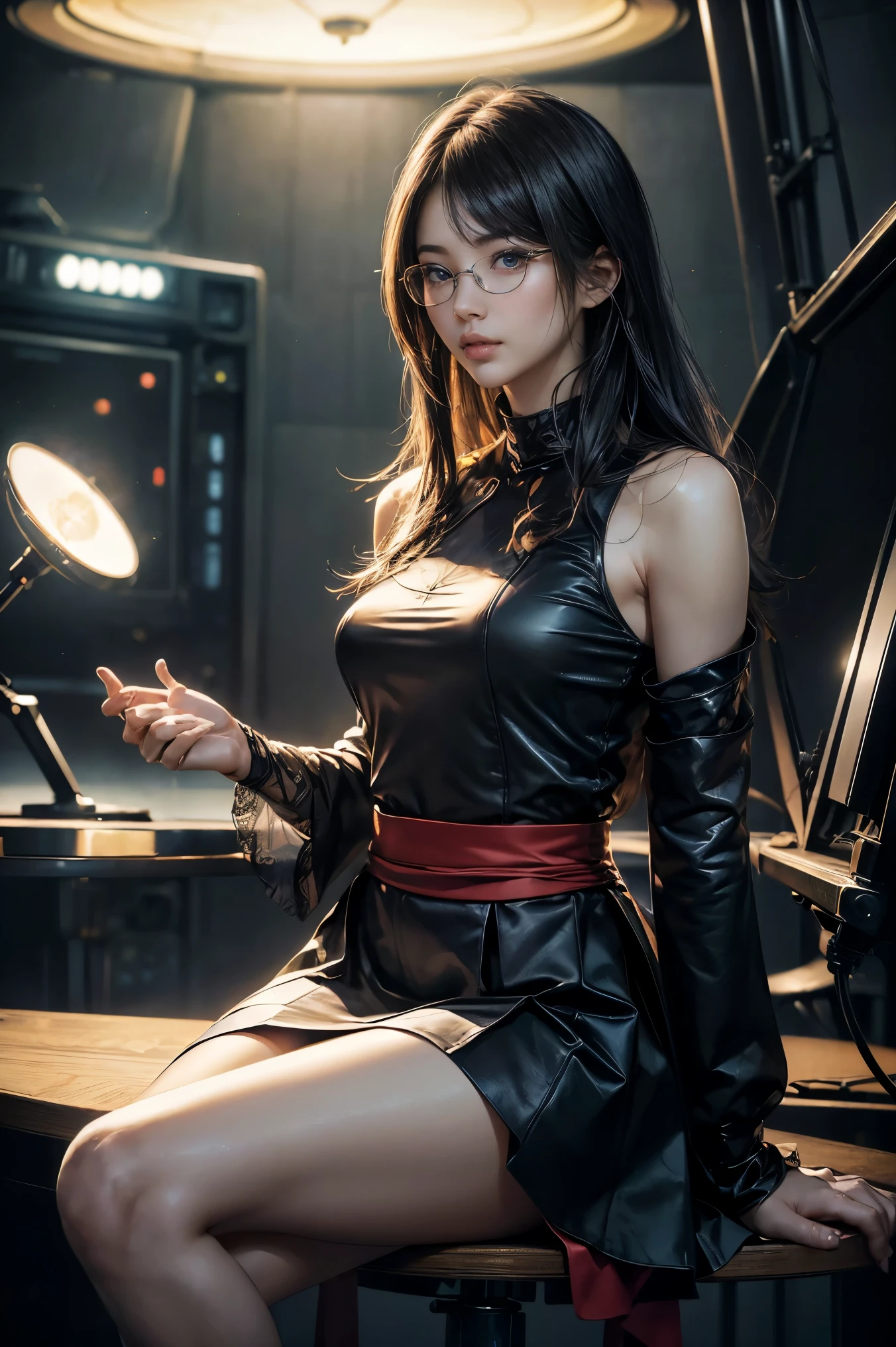((Best Quality)), ((傑Best Quality、masterpiece、High sensitivity、 high resolution on down、詳細な描写、 Delicate Facial Description)), Slender woman、Glasses、 newscaster 、Sit down、skirt、television studio、News Programs、Read the manuscript 、