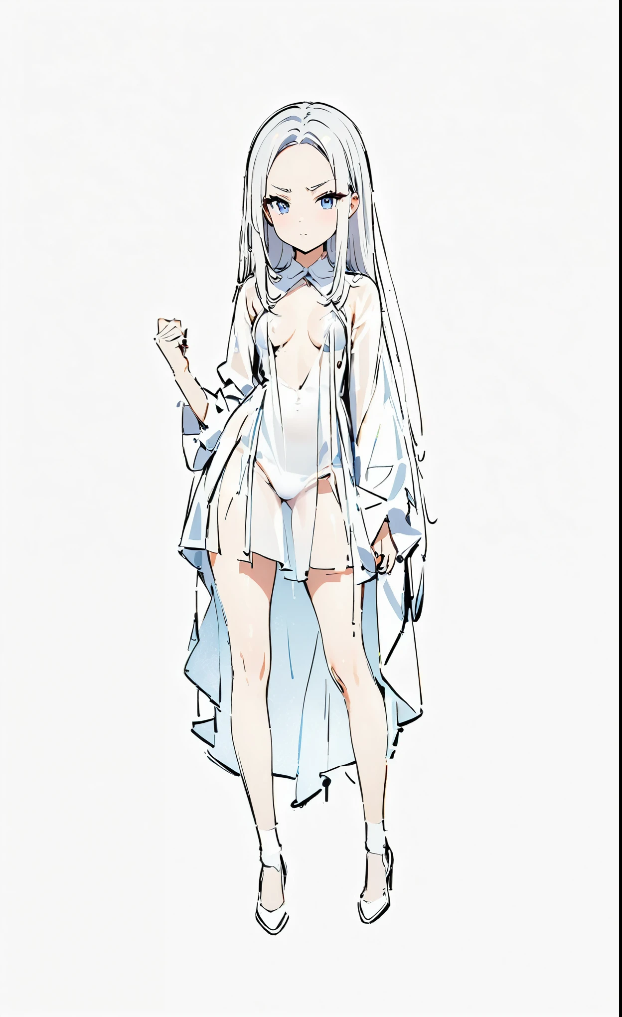 Cute little anime  going for a walk with a revealing white dress, small, hung, giant dick,  with dick, futanari, white dress, no panties, cum, white hair, , , fat balls, 