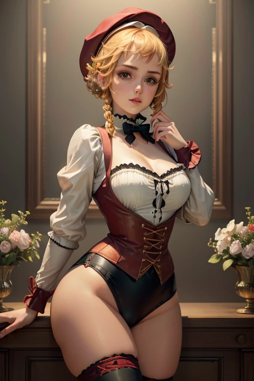 HDR,UHD,8K, best quality, masterpiece, Highly detailed, Studio lighting, physically-based rendering, 1girl, solo,
 BJD doll, blush, alice in wonderland, bere hat, red blouse,wearing a black high leg bloomer, green high socks, white flowers, ((red color)), blonde hair, short hair, twin braids, 
 