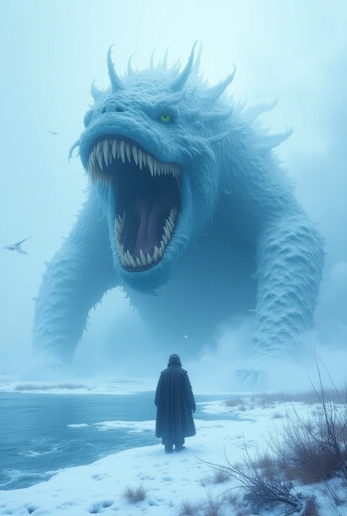 A colossal, ice-covered leviathan with spiked armor and frosty breath, breaking through a frozen wasteland under an aurora-filled sky."