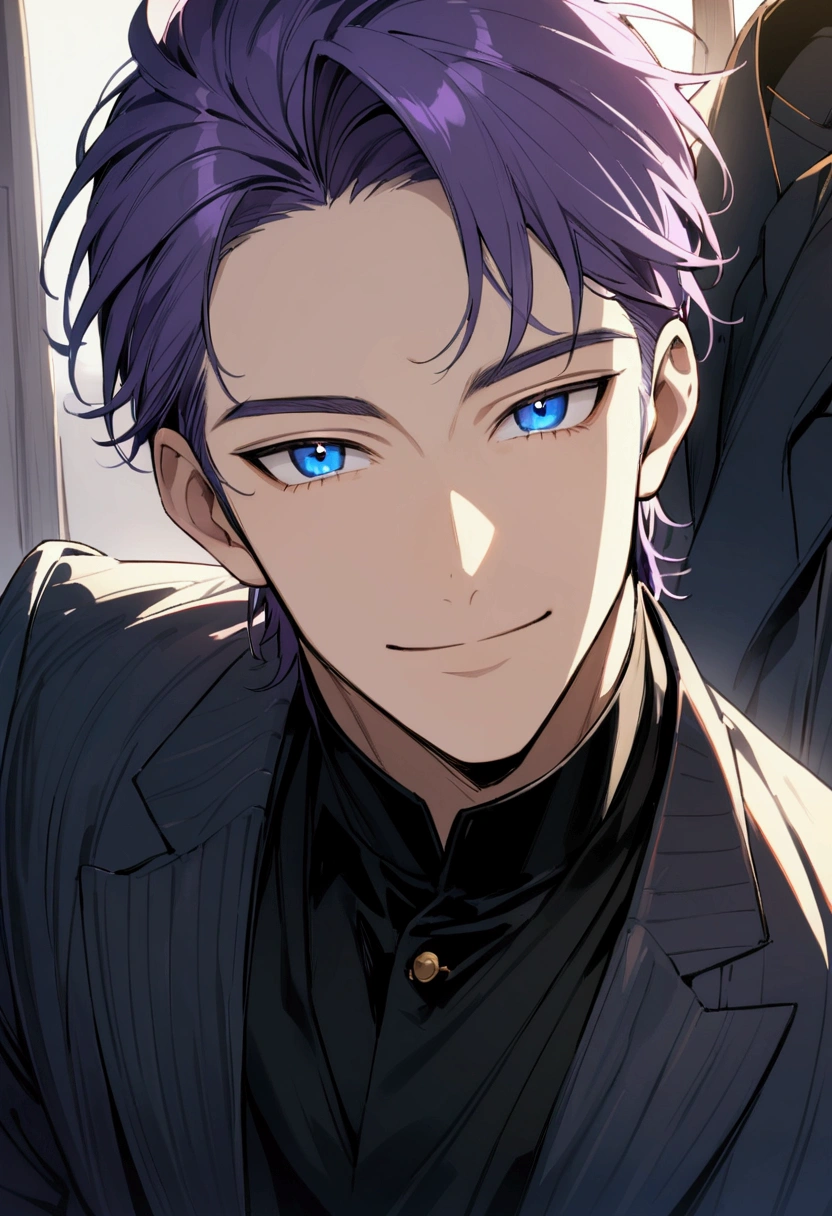 whole body、Character portrait、male、masterpiece、Handsome、The forehead is visible、1 man,  purple Hair、Worn suit、Jacket、Give bangs、Showing his forehead、Handsome、Intricately drawn eyes、good looking、((blue eyes)), 30 years old, handsome male, beautiful smile