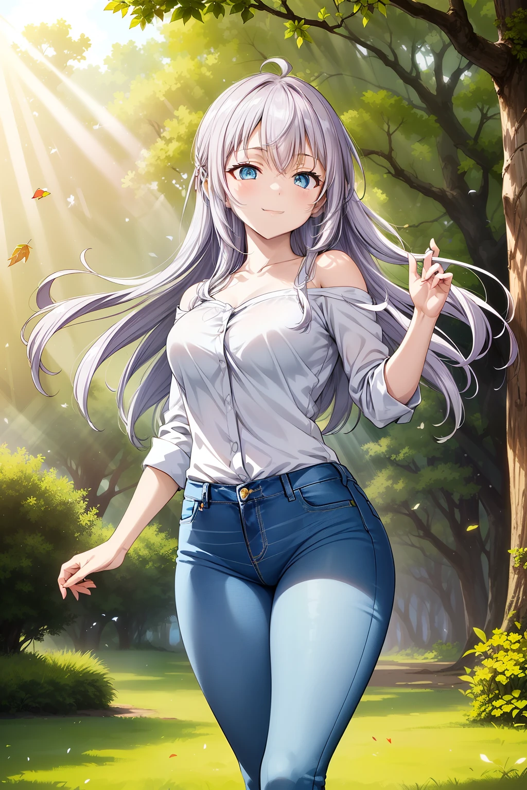 Alisa Kujou (Day:1.7), a stunning young woman, (22 years old:1.1), with (delicate fingers:1.2), (beautiful body:1.4), (elegant nose:1.2), (striking blue eyes:1.5), (perfect face:1.5), and a (graceful character design:1.4). An anime girl dressed in a stylish yet casual outfit. She is wearing a (form-fitting white shirt:1.3) with (delicate decorations:1.2) and a (subtle neckline:1.3) that accentuates her (slender figure:1.3). She also wears (tight jeans:1.4) that highlight her (long legs:1.2) and (slim silhouette:1.3).

She has (long white hair:1.5) flowing freely with (gentle waves:1.3) cascading down her back. She is walking gracefully through a park, with a (soft breeze:1.2) gently moving her hair and clothes. Her (serene expression:1.4) and (gentle smile:1.3) give off a peaceful aura.

The background is a (green, sunny park:1.3) with (lush trees:1.2), (colorful flowers:1.1), and (leaves softly falling:1.3). There are (sun rays filtering through the foliage:1.4), creating a (warm light effect:1.2) with (soft lens flares:1.1) in the scene. The atmosphere is complemented by a (clear blue sky:1.3) with a few (birds flying in the distance:1.1), adding a touch of serenity to the moment.