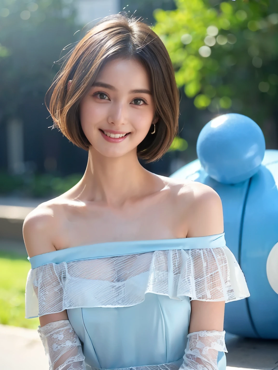 (((Best Quality)))、(((Ultra-precision CG16K wallpaper)))、(((Super detailed)))、(((Mature 24 year old woman、one person:1.8)))、((Very beautiful Japanese face))、(((Zuo々Nozomi)))、(( short bob hair:1.6))、(Shiny brown hair)、(Sparkling Eyes)、Thin eyebrows、Seductive lips、(((makeup)))、((B cup size breasts))、((Beautiful breasts))、((Beautiful Skin))、( cleavage)、 eight-headed body、 perfect proportions、 perfect anatomy、Perfect composition、 beautiful detailed shading、 beautiful natural lighting 、 beautiful details glow 、 natural light、 depth of field、Full screen image、(((High chroma)))、((( real:1.8)))、(((sharp:1.5)))、((( upper body shot of a sexual target :1.6)))、(((Front image:1.6)))、(((Smile)))、(((looking at me:1.8)))、(((background_Outdoor、lake、Mountain)))、( Standing Pose :1.6)、(((light blue off-the-shoulder dress:1.6)))、