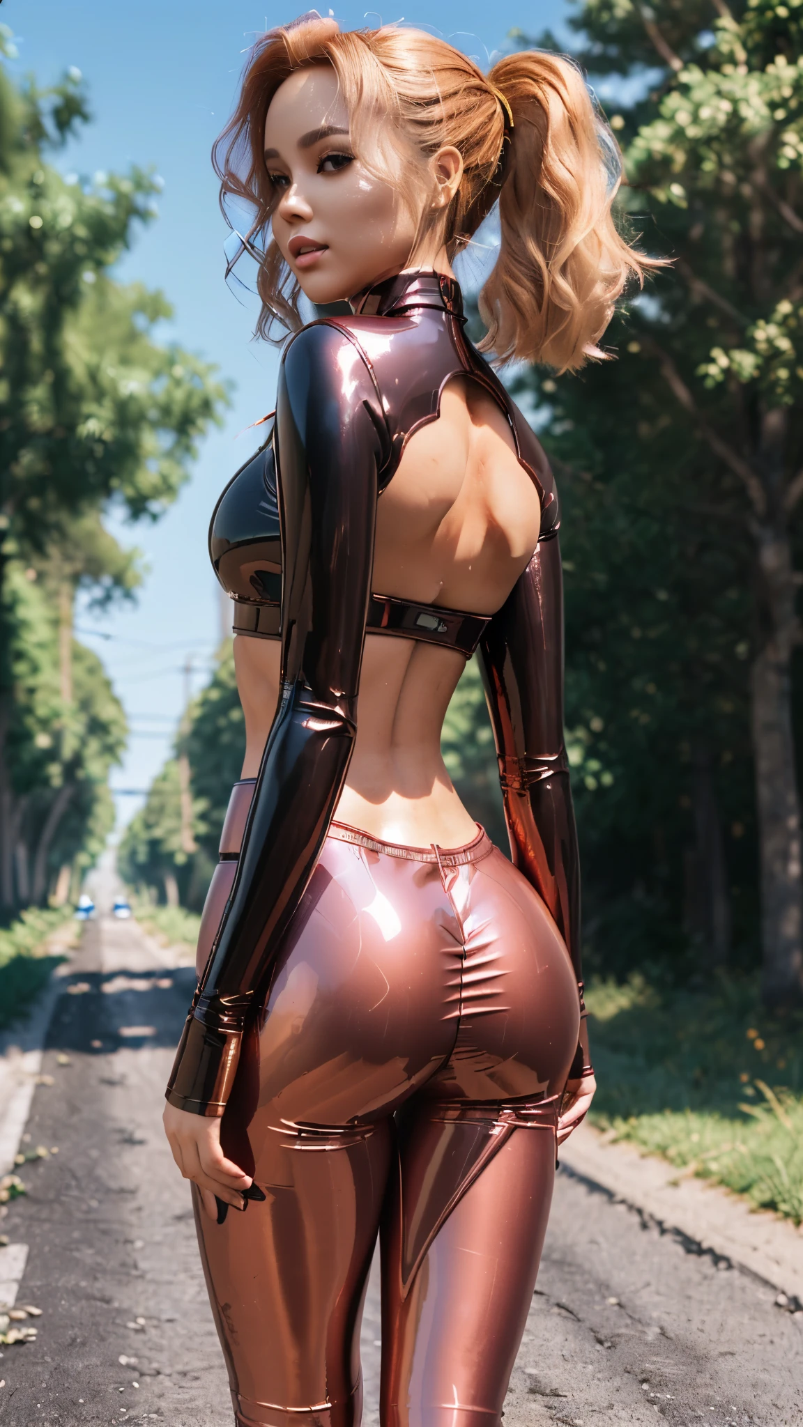 ((8k, masterpiece,  RAW photo, Best Quality,   photorealistic,   young woman  ,   curvy body,   Long Golden Hair, ((  red metallic latex leggings )),   turtleneck crop top  ,   black short leather jacket  ,   high heels,  Walking on a beautiful country road  、((( rear view of posture、 rear view of posture、big, Round ass 、  realistically express 3D curves with gloss and shadows 、looked back)))