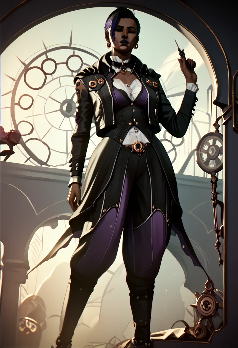 A character outfit from the series arcane gothic outfit , detailed, black clothes, dark skin, metallic, bioluminescent purple tattoos , jewelry, extravagant, huge baggy pants,  black, sexy, steampunk, jacket 