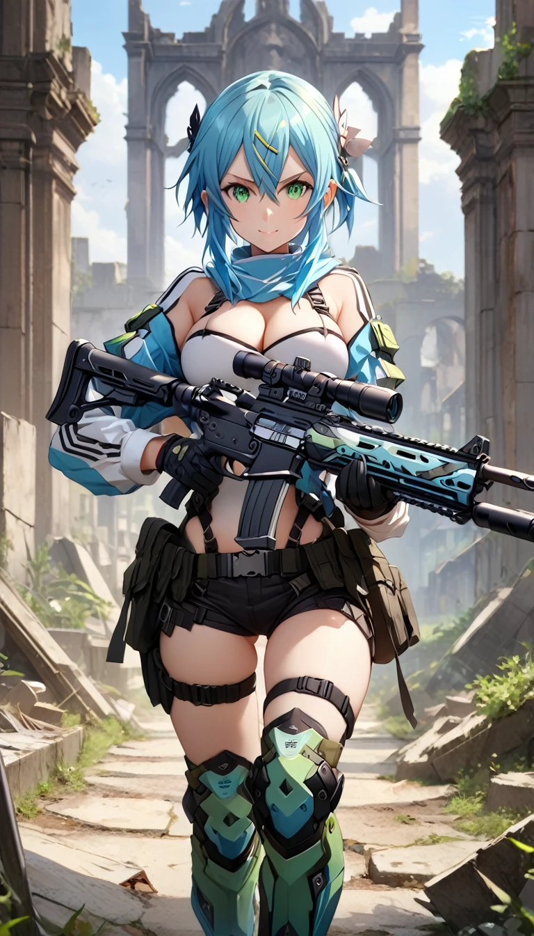 ultra-detailed, 1girl, sinon, Sword Art Online II, (best quality), ((masterpiece)), (highres), 16K, green eyes, perfect face, long hair, blue hair, hair ornament, hairclip, wearing tactical clothes, wearing black thong, knee pads, holster, black gloves, tactical belt, boots, busty body, large breasts and a beautiful ass, showcasing cleavage, legs, hips, holding assault rifle, looking at viewer, smile, detailed body, thigh details, ruins background