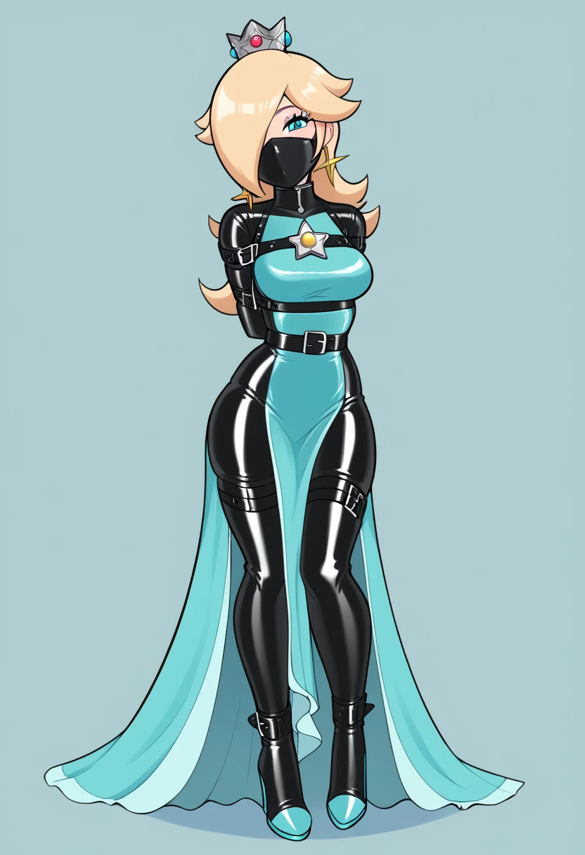 score_9, score_8_up, score_7_up, 1girl (Rosalina, from super mario lore, , Rosalina_StarryNightDress, dark blue long party dress ), flirt, gaze, sexy look, half-closed eyes, head tilt, makeup, (full bodies in view) expressiveh d4rk01l, perfect hands, perfect proportions, simple background. standing,  belt bondage, bound arms, arms behind back, tight mask, black mask, (armbinder tied), (armbinder: 1.4), (front view), (sexy pose), (leather mask), complete body .