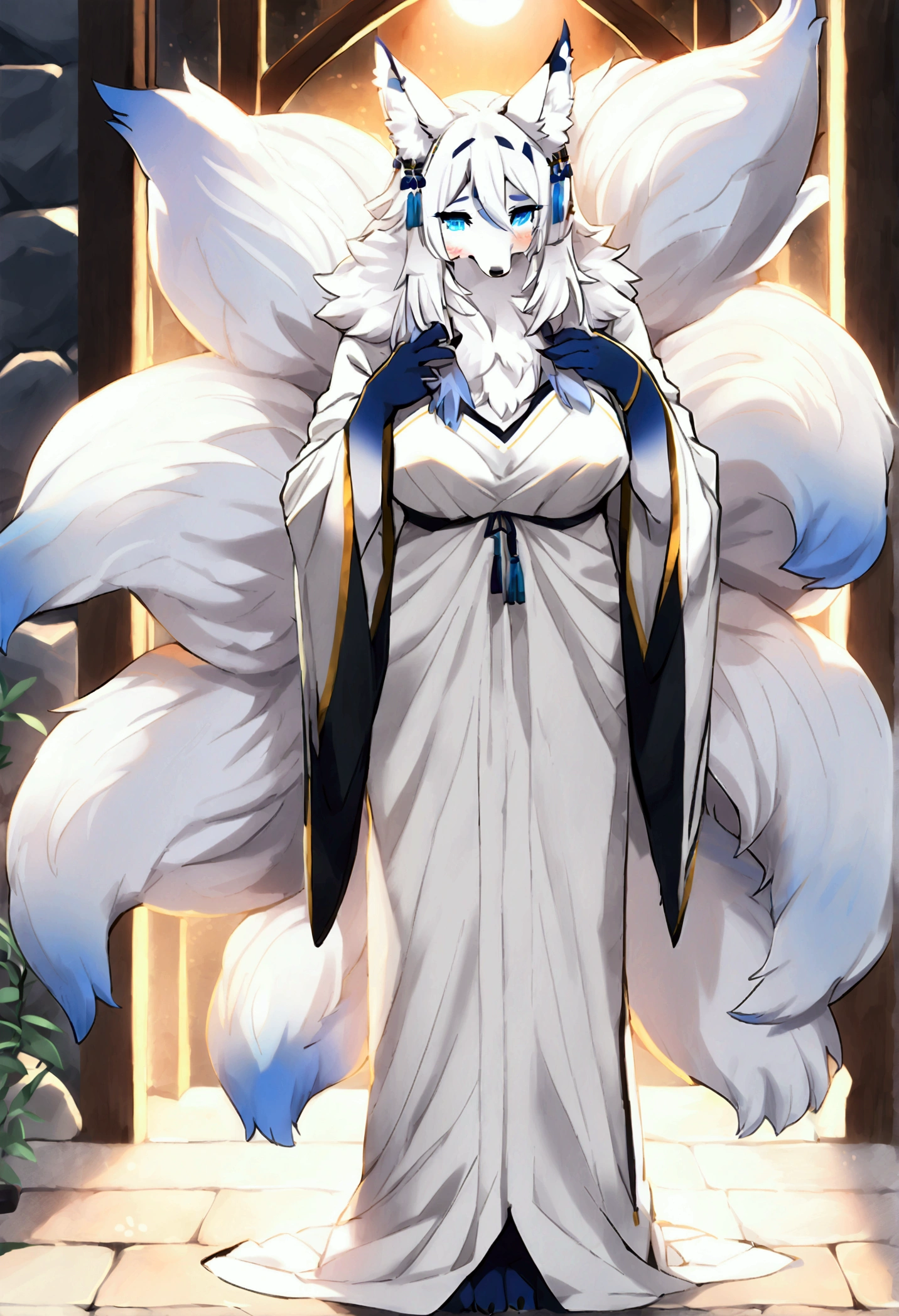 (top quality, best quality, Lemoco, High-quality illustrations, masterpiece, perfect artwork, cinematic light and shading, 16k, 1080p, uploaded on e621)(kemono, furry, anthro, alone), 1 female, (very detailed body, face, tail, arms, hands, legs, head and eyes), arctic fox, Yukime, (The Eminence in Shadow), hunter body, huge breasts, white fur, fluffy, fluffy nine tails, hair, perfect eyes, blue eyes, black pupils, beautiful nightgown, beautiful shrine garden, body movement, body twitching, red blushing, shy, protective behavior