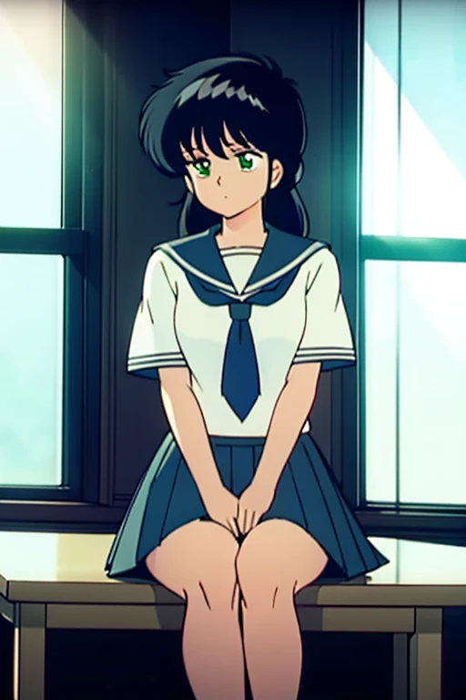 1girls, masterpiece, highest quality, disorganized, retro artstyle, 1980s \(style\)))), look viewer, (((sailor uniform))), (Madoka Ayukawa), (((scoolgirl uniform))), knee shot, full blush, (((no Panties))),, Take a look here, view audience, short hair, 2girls, nsfw, Genitals are visible, (((See here))), (Japanese girl showing off genitals:1.1), look viewer, from below, (((a girl, Flying in the air in a sailor uniform, from the knees up, overlooking the cityscape below,))), openwidee,