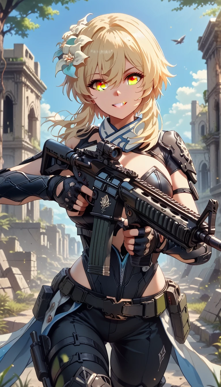 ultra-detailed, 1girl, lumine, ((masterpiece)), (best quality), (highres), 16K, perfect face, yellow eyes, short hair, blonde hair, hair between eyes, bangs, hair ornament, wearing tactical clothes, wearing black thong, black gloves, tactical belt, thigh boots, busty body, large breasts and a beautiful ass, showcasing cleavage, legs, hips, holding assault rifle, looking at viewer, smile, detailed body, ruins background