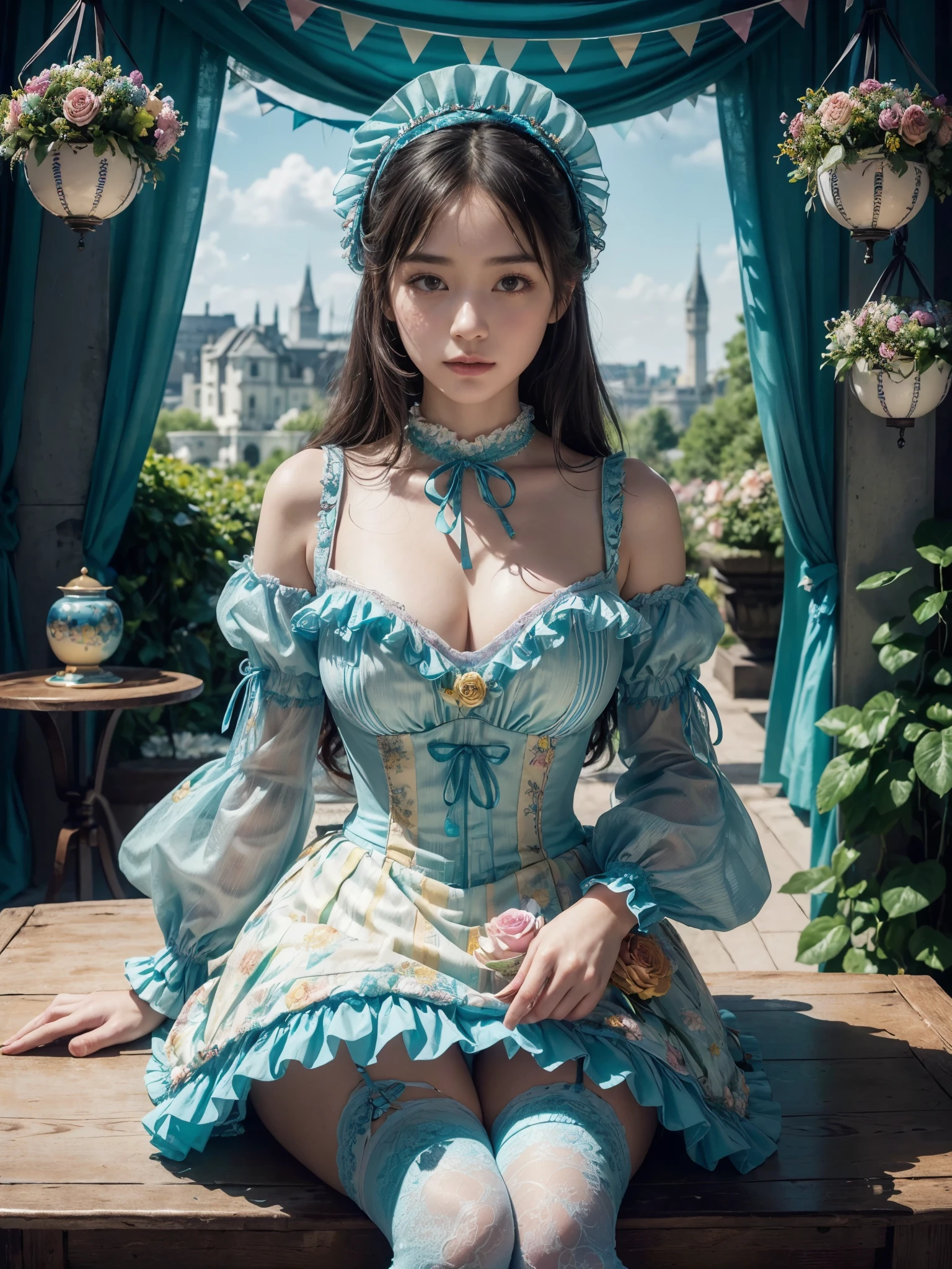 top quality picture　　　、Italy、Venice　、old bridge　、
１５century　、(((Very luxurious fragrance dresses)))　、　is standing　　、(((two womens)))　　,　full body Esbian、White lace panties
　 　、Collar with rope　　、(((distressed look)))　、Thin ropes that bind the body　、chains　、Pale green walls　、 Black hair　、low angles　、short-hair　、 shining beautiful skin , Sweat, collar and chain accessories, beautiful black pupil and hair, Detailed expression　, beautidful eyes,