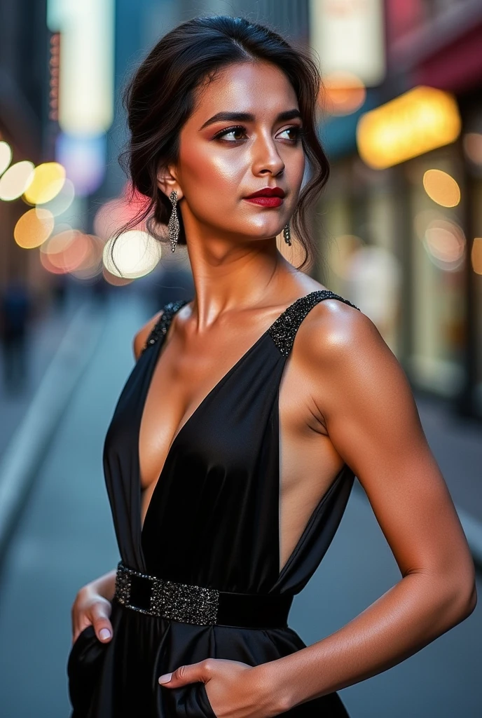 A woman dressed in a sleek, elegant evening gown, standing against a soft, blurred backdrop of city lights, with a sophisticated and graceful pose, capturing timeless beauty."