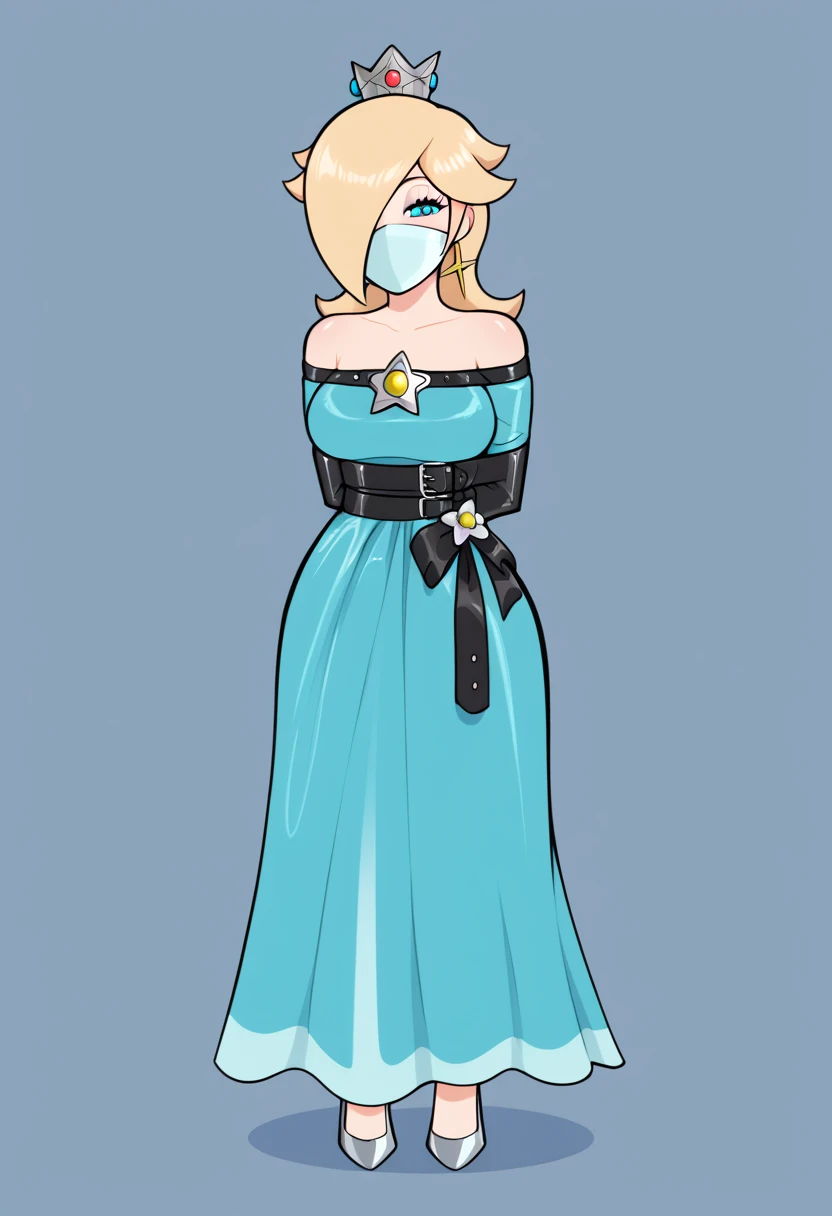 score_9, score_8_up, score_7_up, 1girl (Rosalina, from super mario lore, , Rosalina_StarryNightDress, dark blue long party dress, dark blue dress, long dress), flirt, gaze, sexy look, half-closed eyes, head tilt, makeup, (full bodies in view) expressiveh d4rk01l, perfect hands, perfect proportions, simple background. standing,  belt bondage, bound arms, arms behind back, tight mask, black mask, nude legs, (armbinder tied), (armbinder: 1.4), (front view), (sexy pose), (leather mask), complete body .