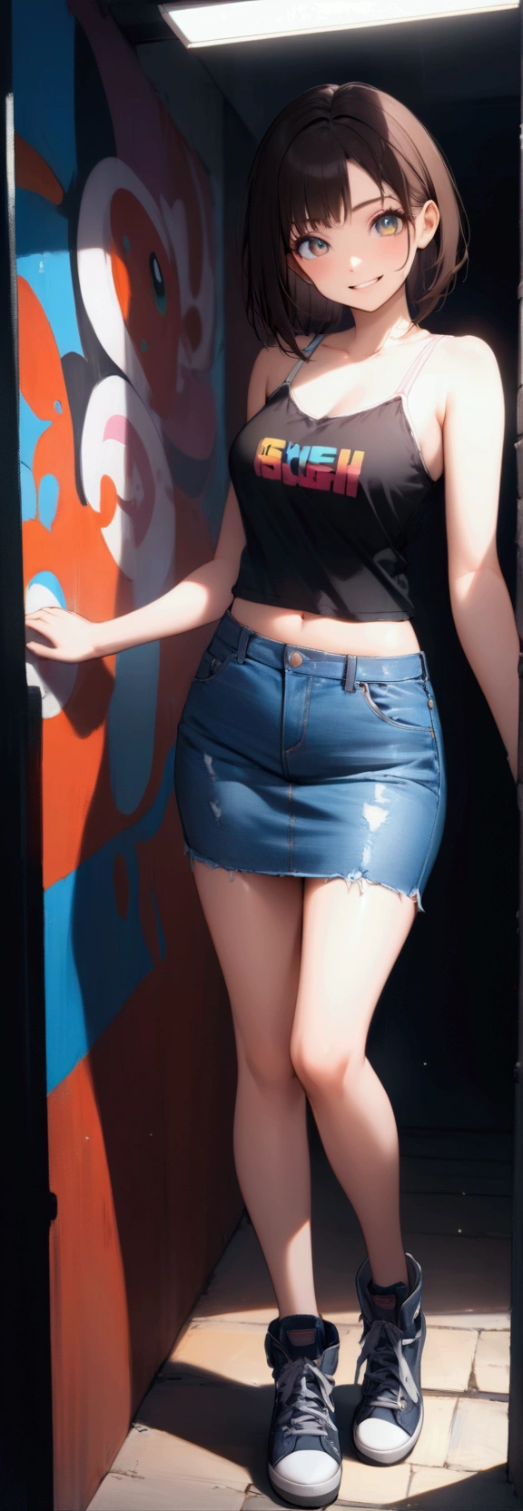 Best quality, full body portrait, delicate face, 18 year old girl, slim figure, small bust, white crop top T-shirt, waist pink denim skirt, gymnasium scene, standing tall