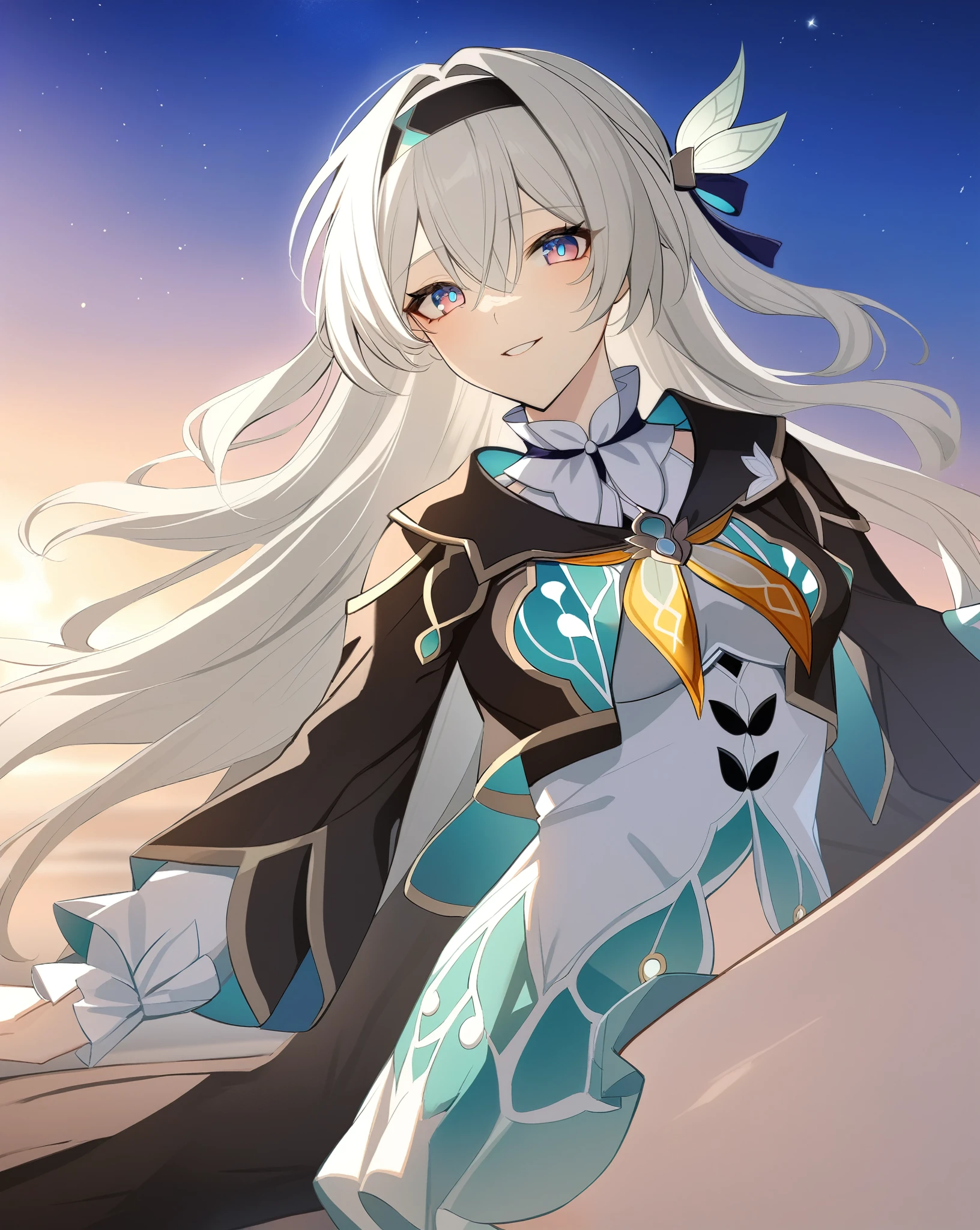 masterpiece, Best quality ,firefly \( honkai: Star rail\), 1 girl, Alone, sky, Star_\(sky\), searching for_en_espectador, smile, long_hair, Starry_sky, blue_eyes, blows, Evening, hairband, Evening_sky, closed_boca, white_hair, long_sleeves, negro_hairband, down_hair_ornament, hair_ornament, desnuda, Tits, vagina,hair_between_eyes_