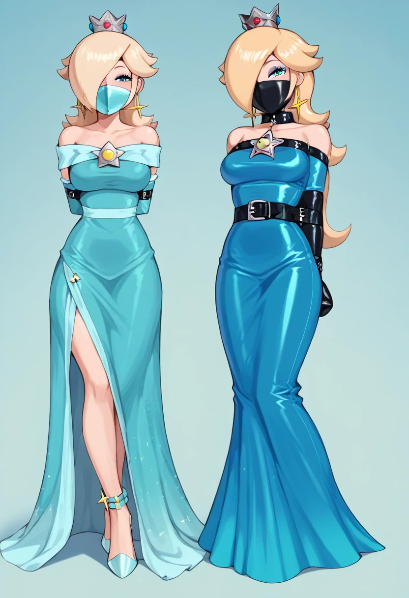 score_9, score_8_up, score_7_up, 1girl (Rosalina, from super mario lore, , Rosalina_StarryNightDress, dark blue long party dress, dark blue dress, long dress), flirt, gaze, sexy look, half-closed eyes, head tilt, makeup, (full bodies in view) expressiveh d4rk01l, perfect hands, perfect proportions, simple background. standing,  belt bondage, bound arms, arms behind back, tight mask, black mask, nude legs, (armbinder tied), (armbinder: 1.4), (front view), (sexy pose), (leather mask), complete body .