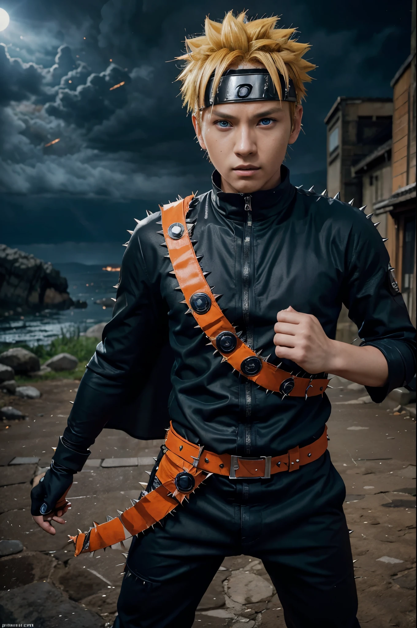 uzumaki naruto, 1boy, detailed facial features, piercing blue eyes, spiky blond hair, confident expression, orange and black jumpsuit, ninja outfit, hokage cape, rasengan in hand, dynamic pose, epic scenery, dramatic lighting, cinematic composition, digital painting, 8k, highly detailed, masterpiece, photorealistic