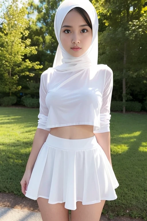 adorable, 1 girl, , baby face, shy, full body portrait, (face details: 1), (eye details: 1), ((medium breasts)). wearing white long shirt, long skirt, modern hijab colorful, (large breasts)... Cute posed. proportional body. Ultra High Res. realistic: 1.4, UHD