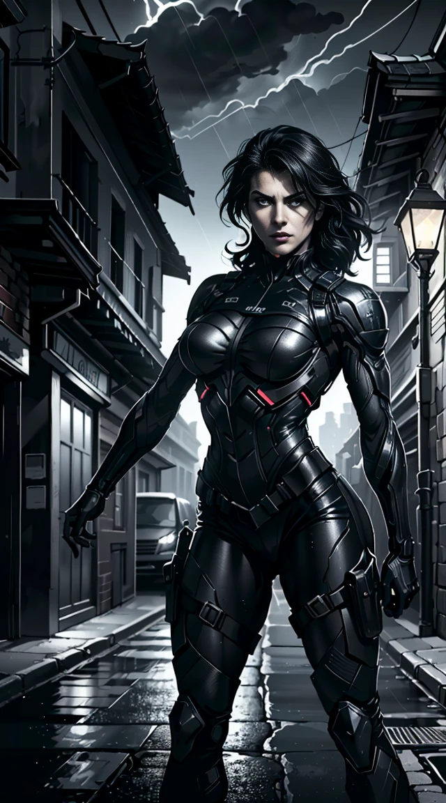 in style of Jeffrey Catherine Jones,(in style of Nick Veasey:0.5), shiny black Mandelbrot bodysuit armor,muscular,(1 girls:1.1),(fighting stance),(cinema footage pov:1.5),medium_shot,outdoors,in the sky,