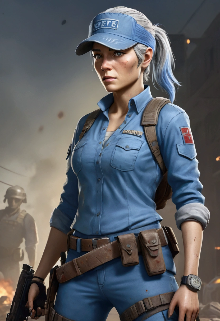 Masterpiece, high quality, best definition, pepper She IS YOUNG And has gray hair armed with a handgun and dressed in a light blue long-sleeved shirt with light gray highlights, gray body armor With IF letters, blue pants, knee pads, a duty belt, and a BLUE WITH IF LETTERS cap. Some of her hair is kept in a short ponytail.   from dead ahead zombie warfare 