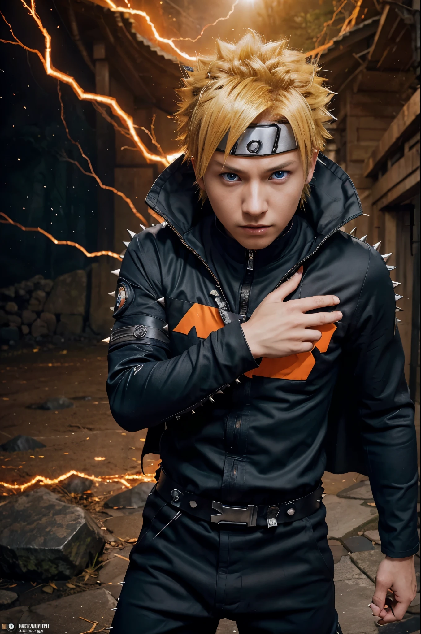 uzumaki naruto, 1boy, detailed facial features, piercing blue eyes, spiky blond hair, confident expression, orange and black jumpsuit, ninja outfit, hokage cape, rasengan in hand, dynamic pose, epic scenery, dramatic lighting, cinematic composition, digital painting, 8k, highly detailed, masterpiece, photorealistic