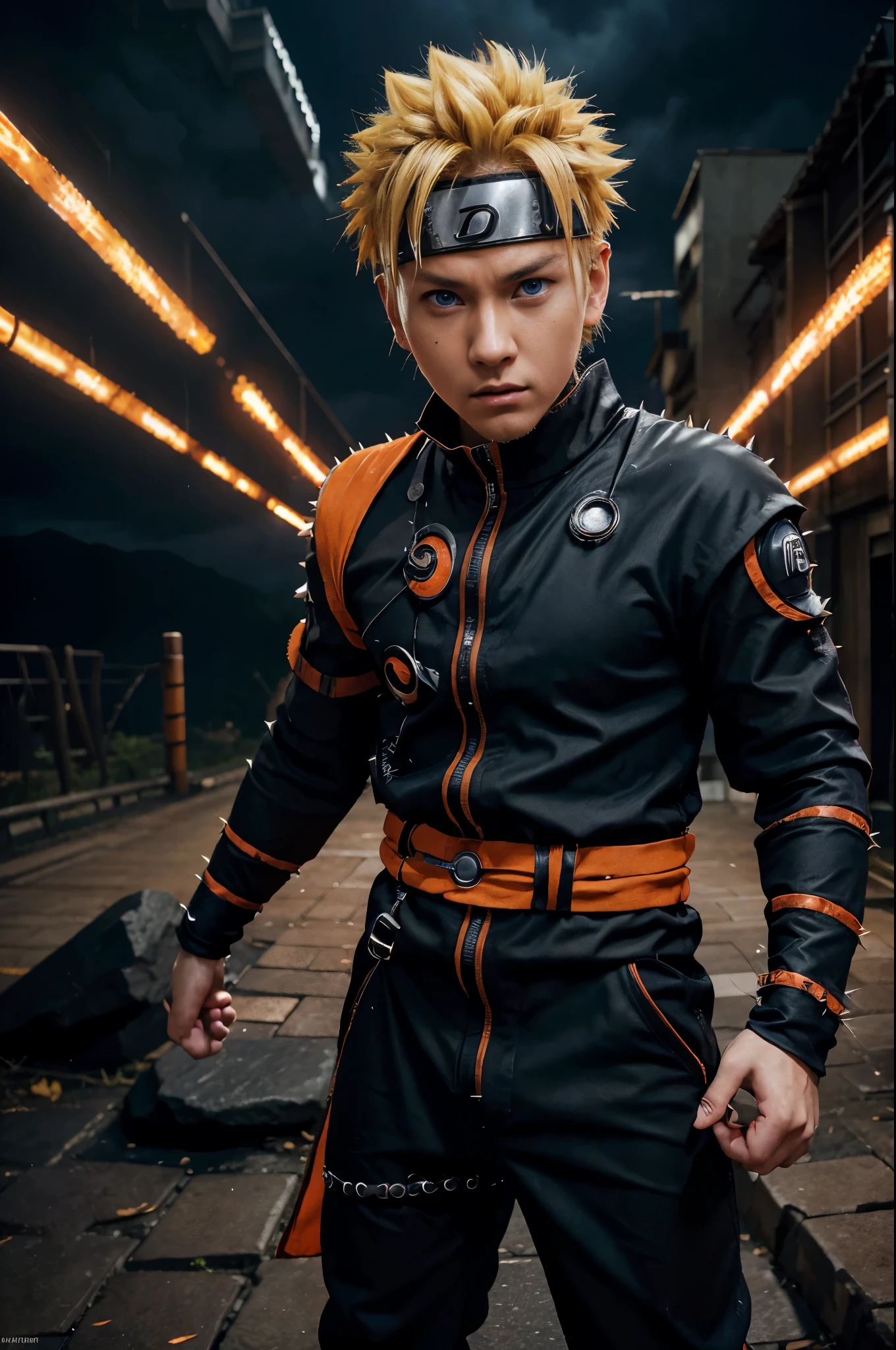 uzumaki naruto, 1boy, detailed facial features, piercing blue eyes, spiky blond hair, confident expression, orange and black jumpsuit, ninja outfit, hokage cape, rasengan in hand, dynamic pose, epic scenery, dramatic lighting, cinematic composition, digital painting, 8k, highly detailed, masterpiece, photorealistic