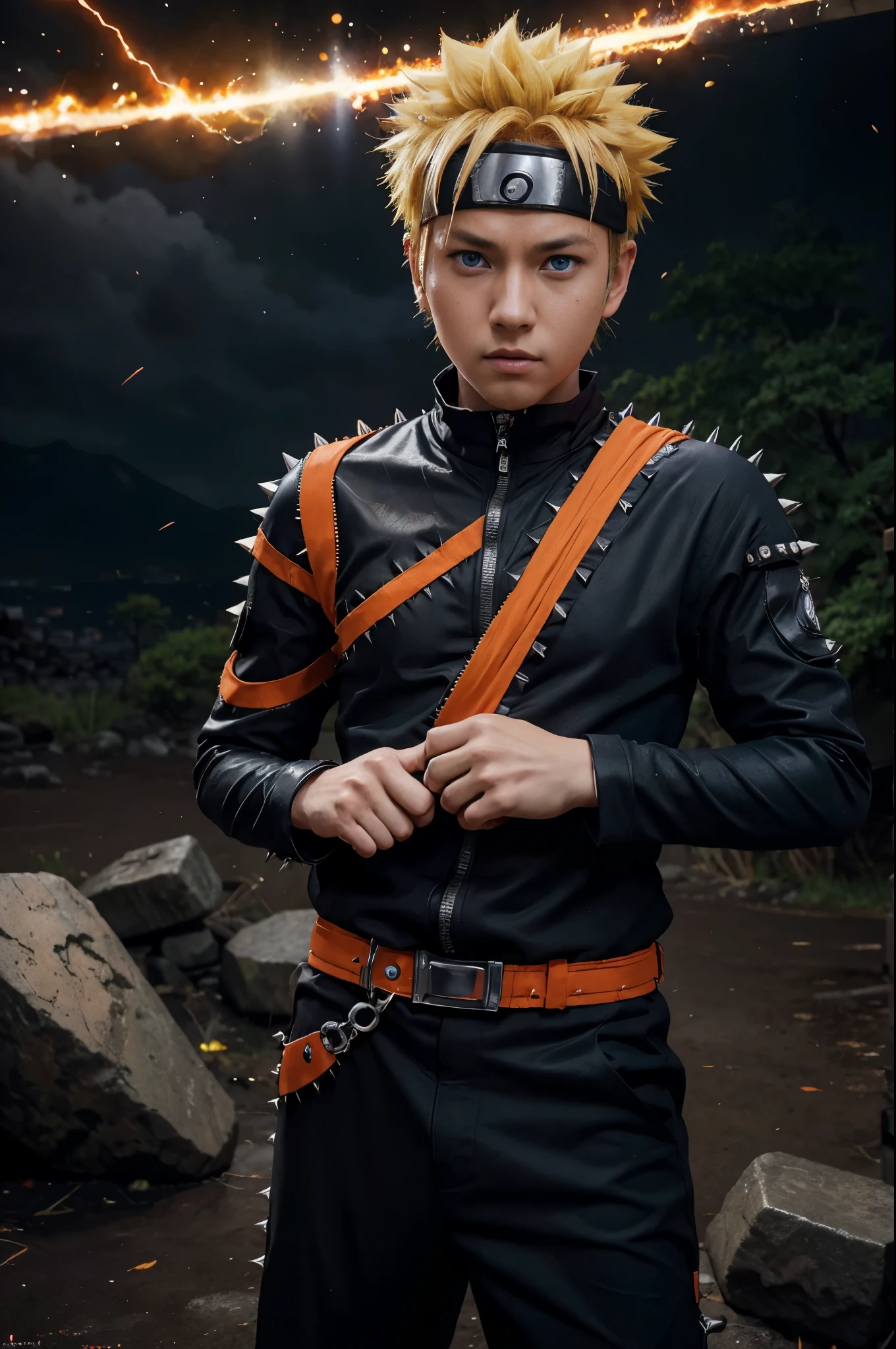 uzumaki naruto, 1boy, detailed facial features, piercing blue eyes, spiky blond hair, confident expression, orange and black jumpsuit, ninja outfit, hokage cape, rasengan in hand, dynamic pose, epic scenery, dramatic lighting, cinematic composition, digital painting, 8k, highly detailed, masterpiece, photorealistic