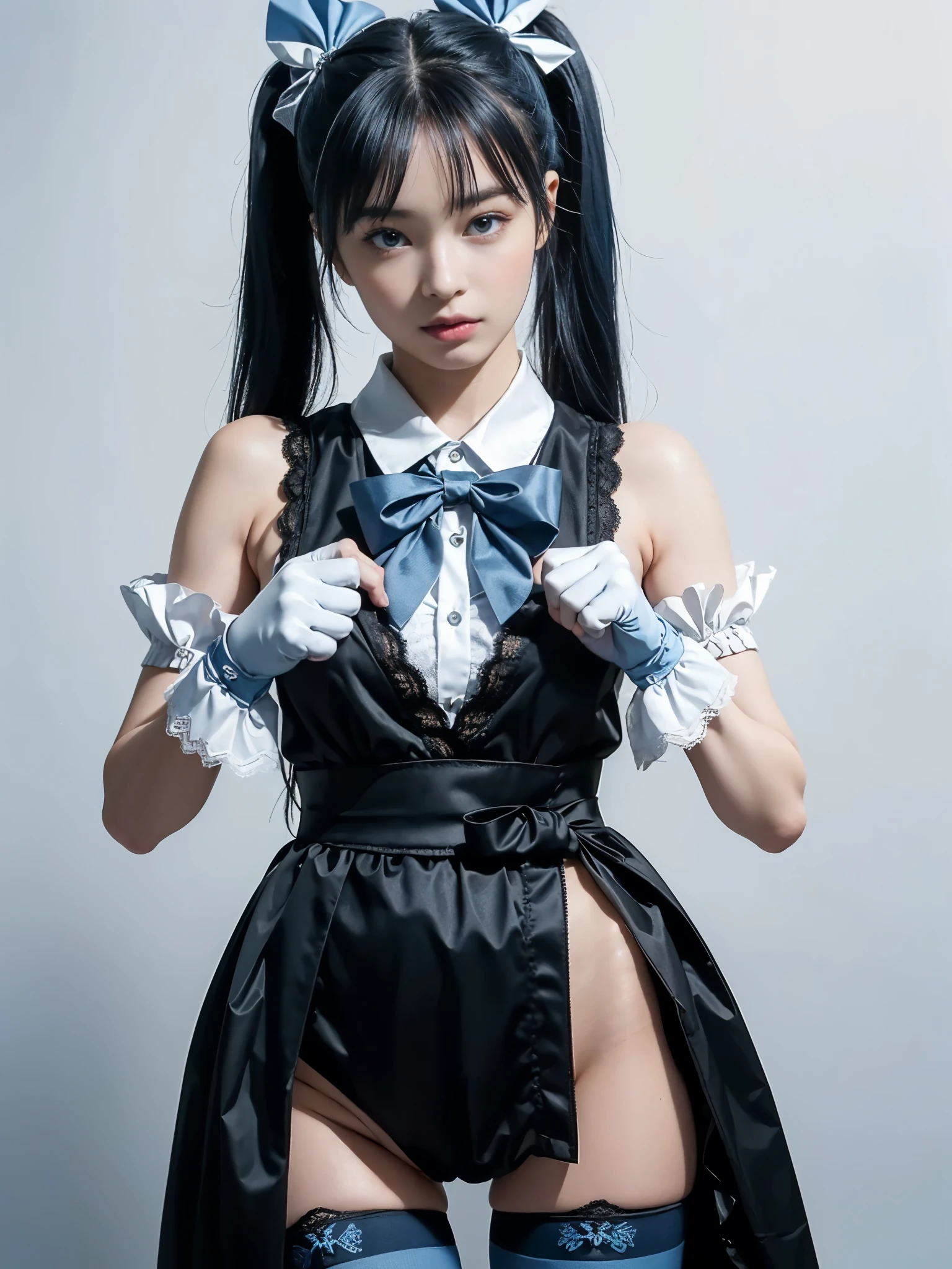 (8K, Raw photo, Best Quality, masutepiece:1.2), high-definition RAW color photography, professional photograpy, (Realistic, photographrealistic:1.37), ((Best Quality)), various attractive posing, full body shot;1.2. 1young girl, asymmetrical legwear, (black bow:1.2), black ribbon, (blue hair:1.5), bow, breasts, gloves,(hair bow:1.3), (very long hair:1.2), simple background, standing, striped bow, thighhighs, white background, white gloves, (lace legwear:1.2), Delicate hands, detailed fingers, five fingers, (one hand pinching the waist:1.3), (twintails:1.3), realhands, nsfw