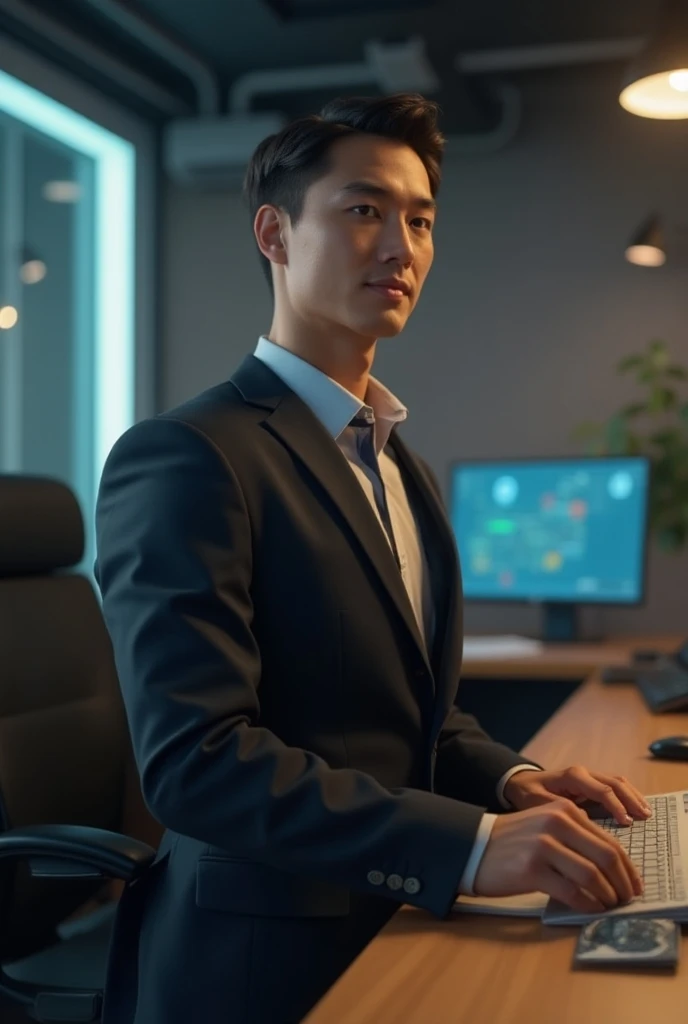 Stylish office　white walls　The program is showing on the display　Heading to the computer　Navigating the keyboard　　suits　A dark-haired　japanes　male people　1人　from side