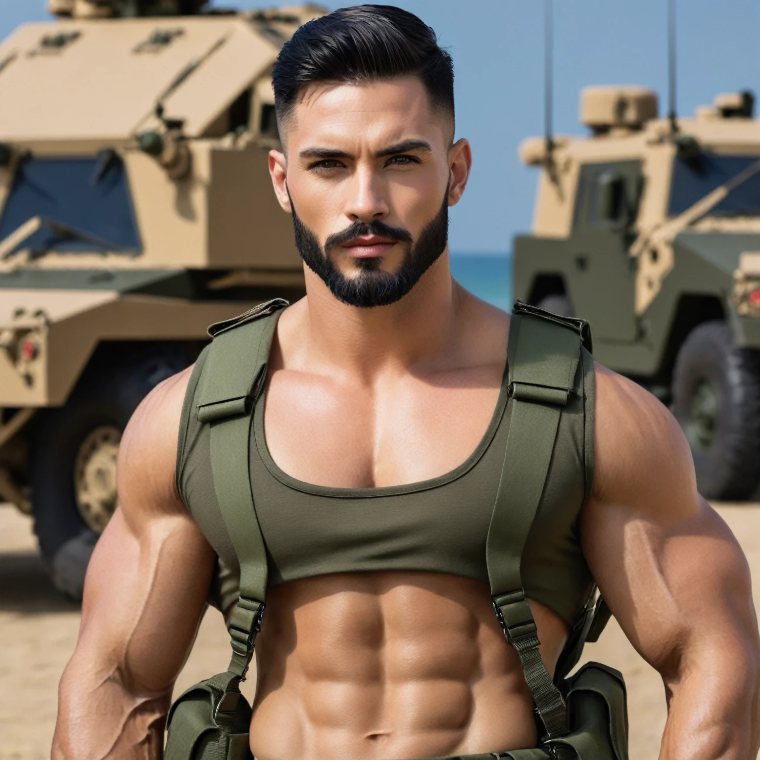 1boy, European, solo, facial hair,34 yrs old, dom, male focus, bara, muscular, mature male, muscular male, beard, short hair, thick eyebrows, brown-skinned male, thighs, fancy suit, dark skin, tie, tight camo t-shirt, tight pants, open jacket, cybernetic bodysuit, soldier suit, erection, erection under clothes, cowboy shot, soldier uniform, feet out of frame, thick thighs, looking at viewer, masterpiece, 4k, high quality, highres, absurdres,