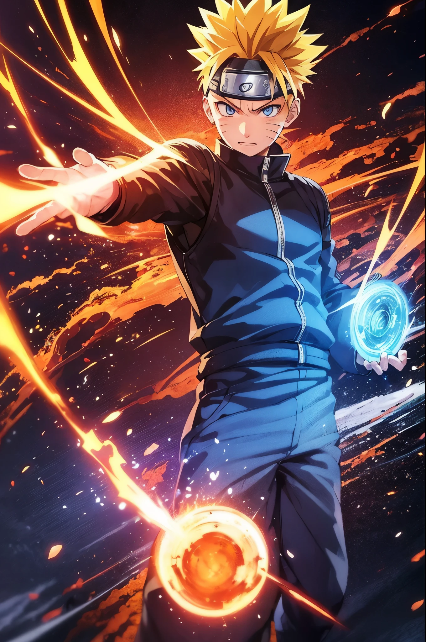 uzumaki naruto, 1boy, detailed facial features, piercing blue eyes, spiky blond hair, confident expression, orange and black jumpsuit, ninja outfit, hokage cape, rasengan in hand, dynamic pose, epic scenery, dramatic lighting, cinematic composition, digital painting, 8k, highly detailed, masterpiece, photorealistic