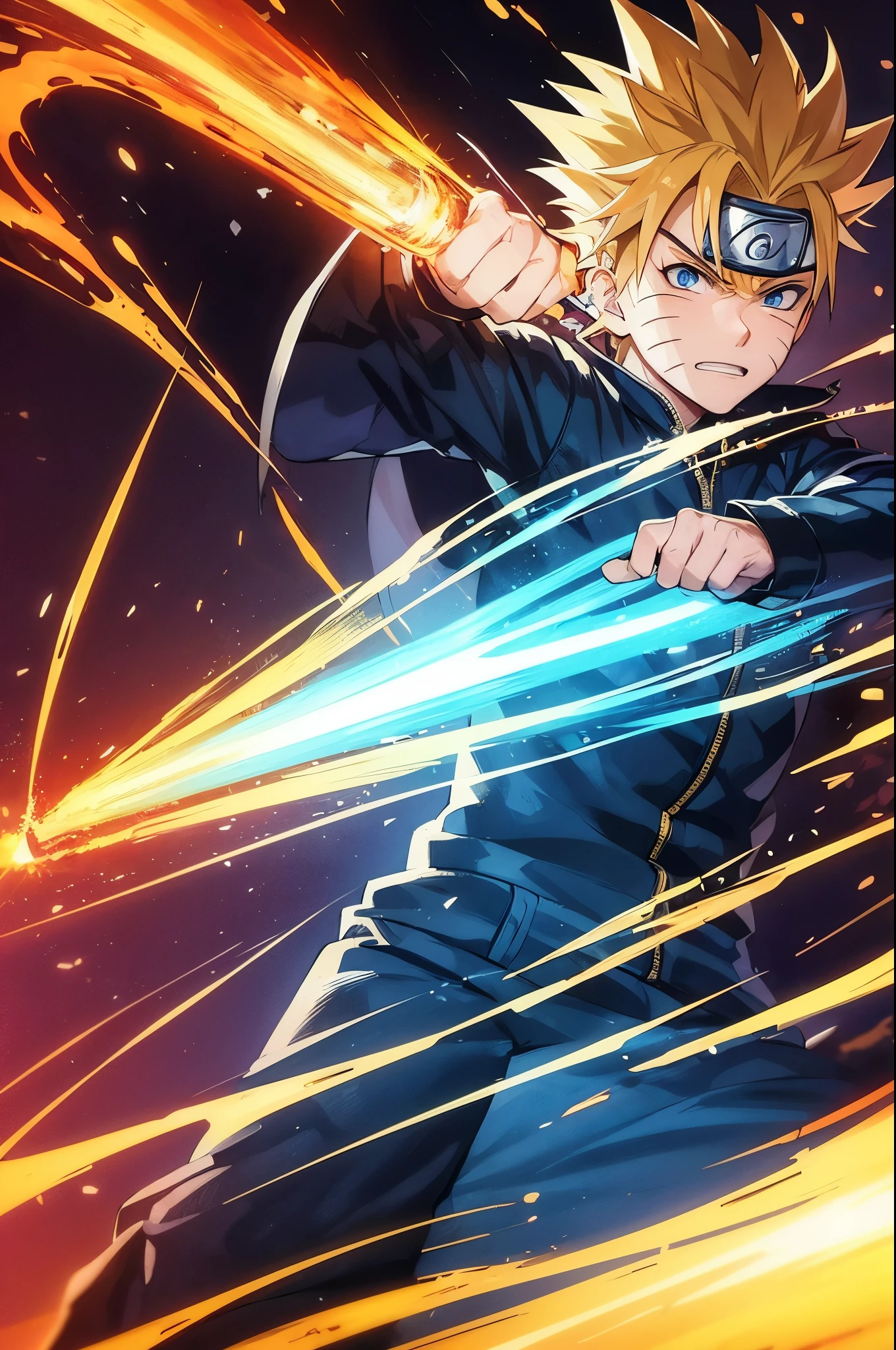 uzumaki naruto, 1boy, detailed facial features, piercing blue eyes, spiky blond hair, confident expression, orange and black jumpsuit, ninja outfit, hokage cape, rasengan in hand, dynamic pose, epic scenery, dramatic lighting, cinematic composition, digital painting, 8k, highly detailed, masterpiece, photorealistic