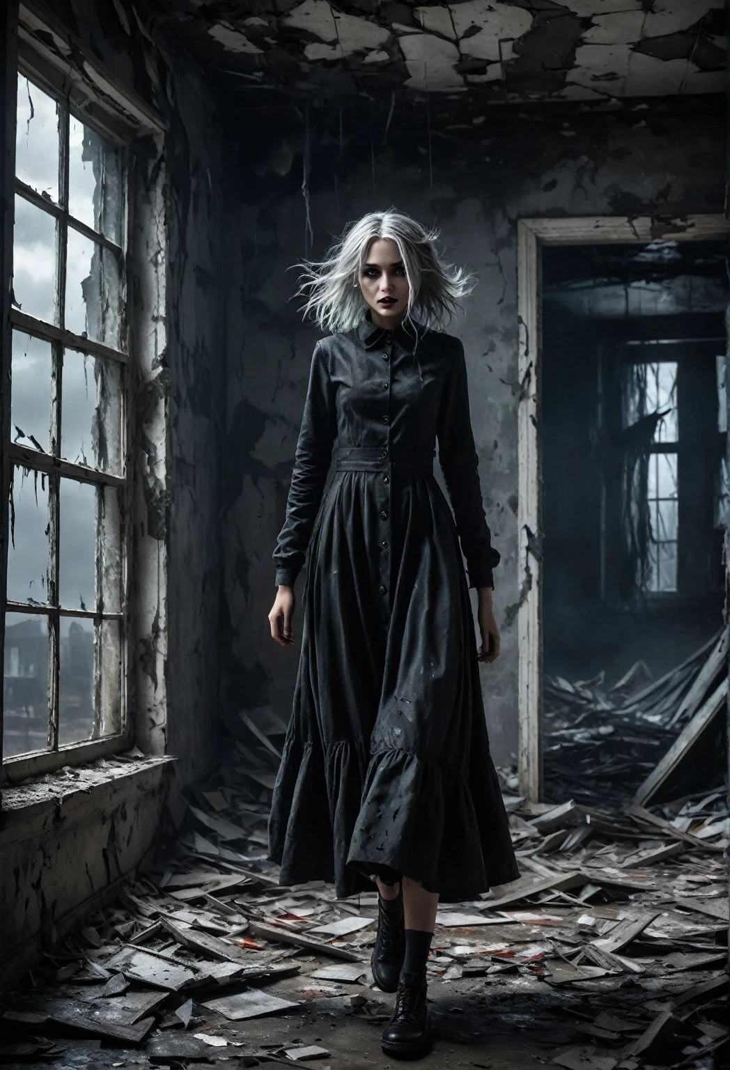 (masterpiece,  best quality ,   bright colors,  It features   ,   dynamic lighting from multiple angles ) ,dark gothic, Horror The silver-haired girl ,focus on ,  desolate prison ,in the room, full body ,  has a dangerous expression on her face  ,   twisted smile as dark clouds gather outside .   the wind blows through a broken window  ,   scatters debris around her  ,   adds chaotic motion  .   The vivid silver theme stands out in the dark , dark environment,   creates a sense of tension and a sinister atmosphere  .