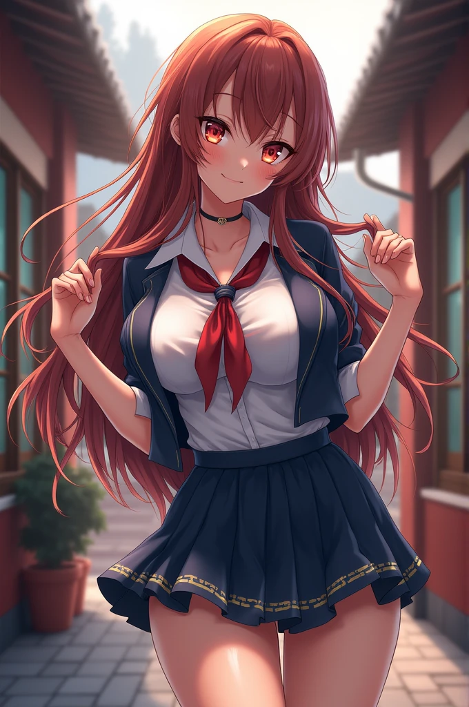 Beautiful red-haired woman with long, straight hair falling under her shoulder, wearing high school clothes, blouse with red tie and red mini skirt, black socks that go up to the knees and All Star sneakers, with angel wings with purple acor, red makeup around the eyes making a drawing on the face, purple eyes,  red lipstick, a mole on the left side of the mouth, perfect face, expression of shame, cute expression, perfect body, round chest, big ass, thick thighs, whole body, detailed scenery, detailed photo, masterpiece, 8k, raw photo, perfect lighting