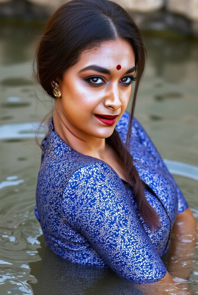 a beautiful indian woman, sensual naked front view, hypnotic curves, swooping breasts, deep cleavage, detailed nipples, bathing in a river, wearing royal blue saree, red lips, french braid hair, subtle smile, (best quality,8k,ultra-detailed,(realistic,photorealistic:1.37),masterpiece:1.2),extremely detailed face and body, cinematic lighting, volumetric fog, warm tones, vivid colors, dramatic composition