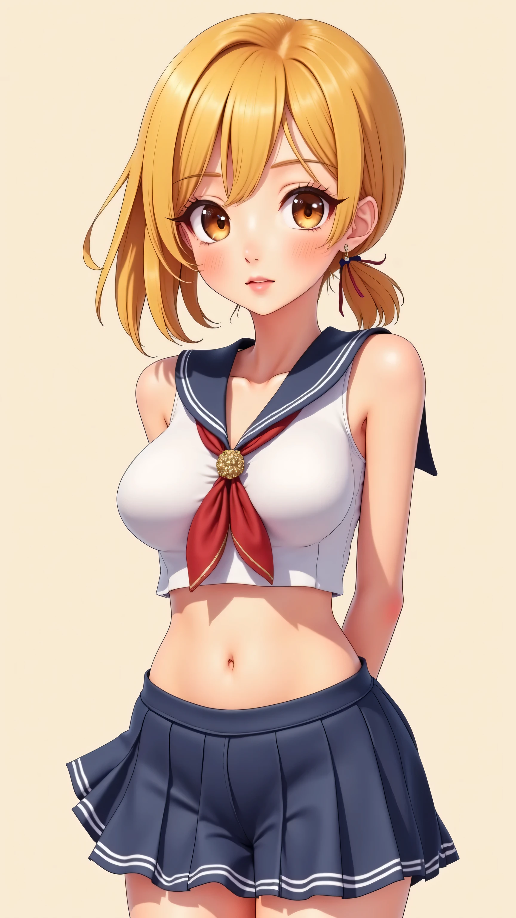 Masterpiece, sksrin,a beautiful urban female model, under empty night stars, (small breasts:0.9), curvy body,( sailor crop top), facial details, detailed body part details, 8k wallpaper, short hair, sweating, Hoshizora rin, gold, (white thong panties),moist, glowing eyes, superhero pose,moon earrings, pussy wedgie