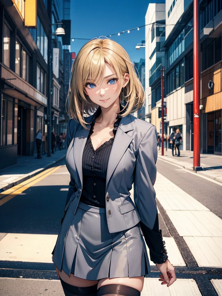 ((perfect anatomy:1.2,realistic:1.3,RAW Photography:1.3,masterpiece、highest quality、Ultra - High resolution、High resolution、Highly detailed CG、8K)),cowboy shot,1 female,solo,18-year-old、High school girl beautiful girl, Japanese,((beautiful detailed face and eyes:1.2,big gorgeous eyes:1.3,)),blonde hair,short hair,(center parted hair:1.4,forehead),large breasts,slender body,small head:1.3,skinny,(brown skin:1.3),(oily skin,gleaming skin,shiny skin,sweat),(school uniform、Dark blue blazer jacket、plaid pleated mini skirt),Shibuya Station、on street,neon、at night、Tokyo、large breasts, cleavage, blonde hair