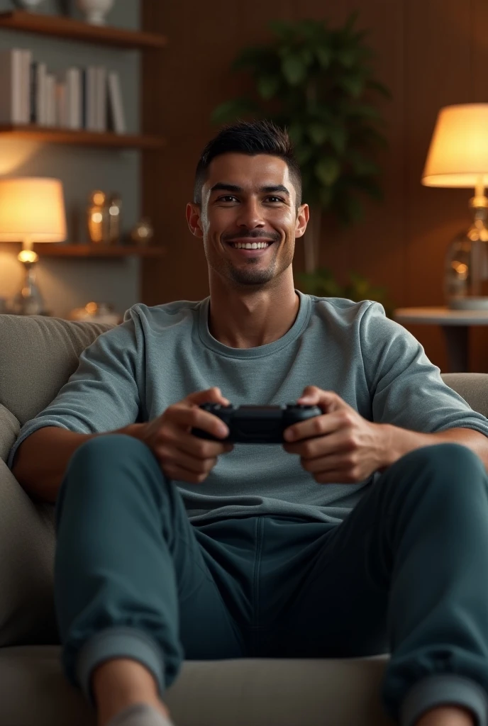 a man sitting on a sofa playing a video game, super happy man