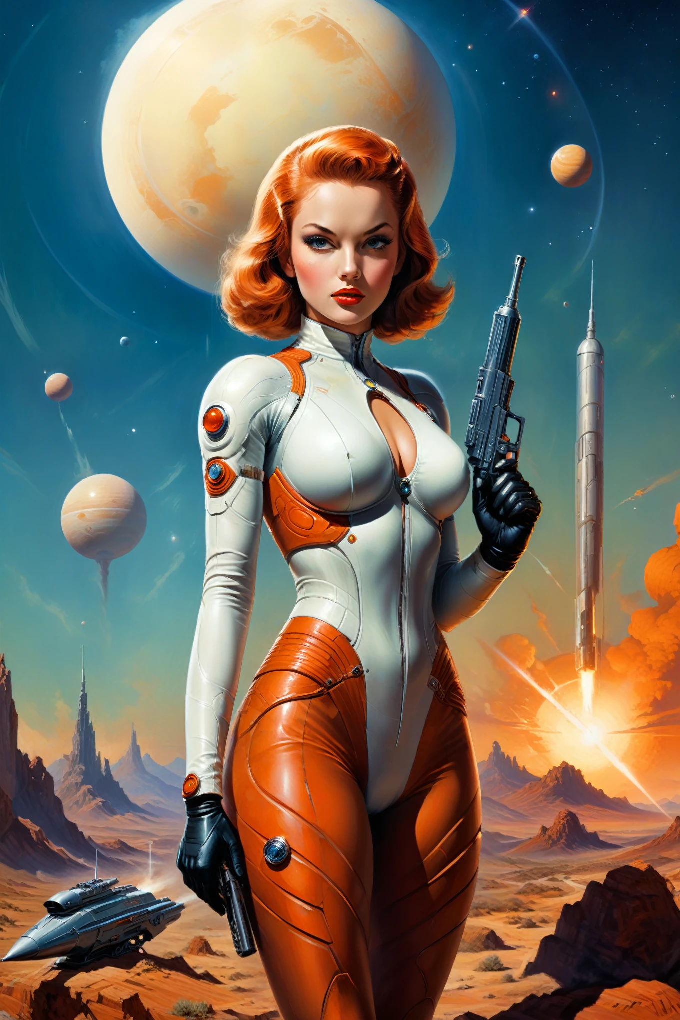 by Jim Burns, .1950's pulp sci-fi female space cadet, holding a ray gun rifle at ready, giant gas planet background,.(professional poster art, bold lines:1.4),.(pulp sci-fi,  beautiful, intricate details, masterpiece, best quality:1.4),.cinematic full body shot, dynamic pose,.pulp sci-fi poster art color palette,.dramatic and dynamic lighting,..