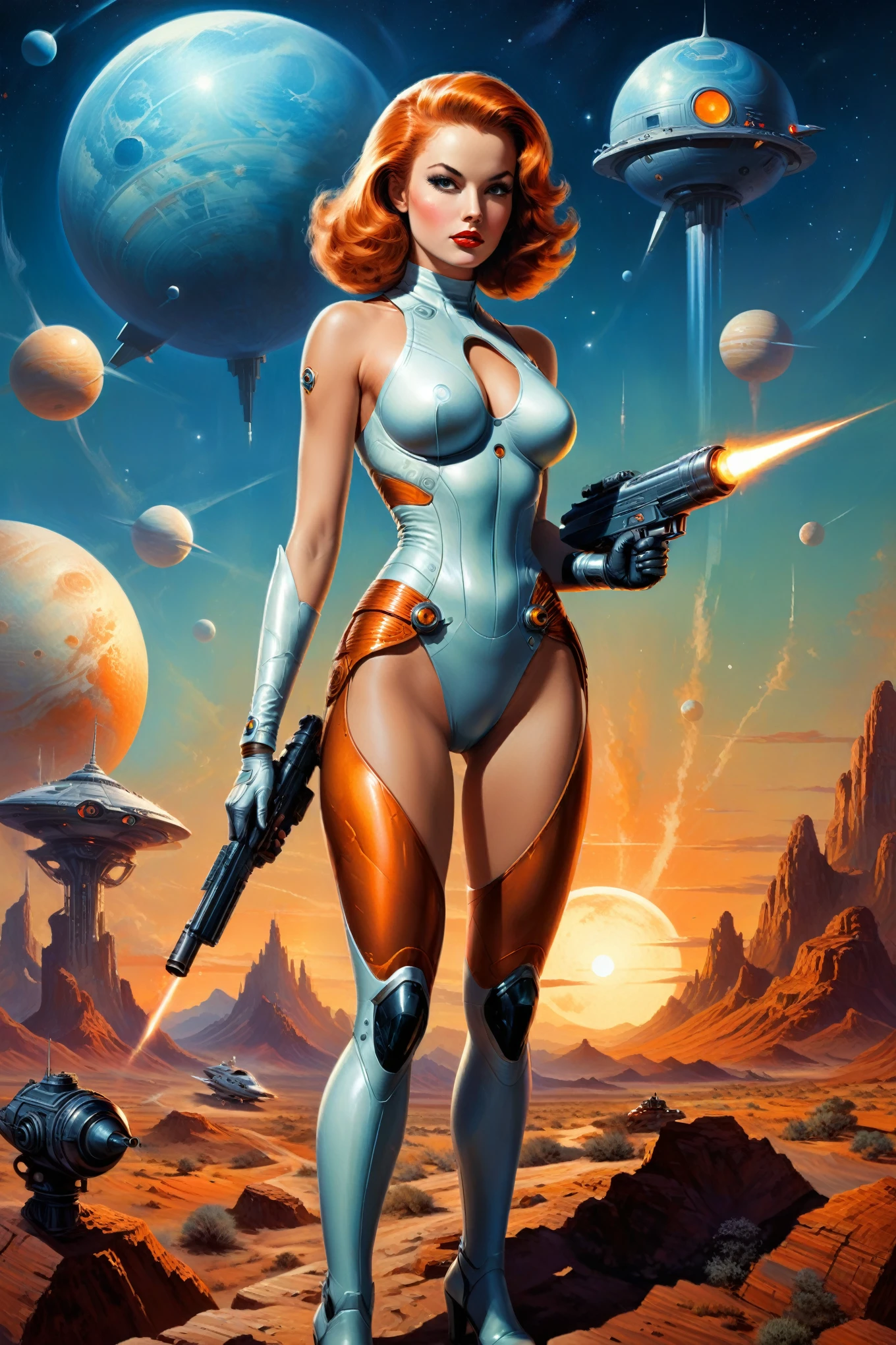 by Jim Burns, .1950's pulp sci-fi female space cadet, holding a ray gun rifle at ready, giant gas planet background,.(professional poster art, bold lines:1.4),.(pulp sci-fi,  beautiful, intricate details, masterpiece, best quality:1.4),.cinematic full body shot, dynamic pose,.pulp sci-fi poster art color palette,.dramatic and dynamic lighting,..