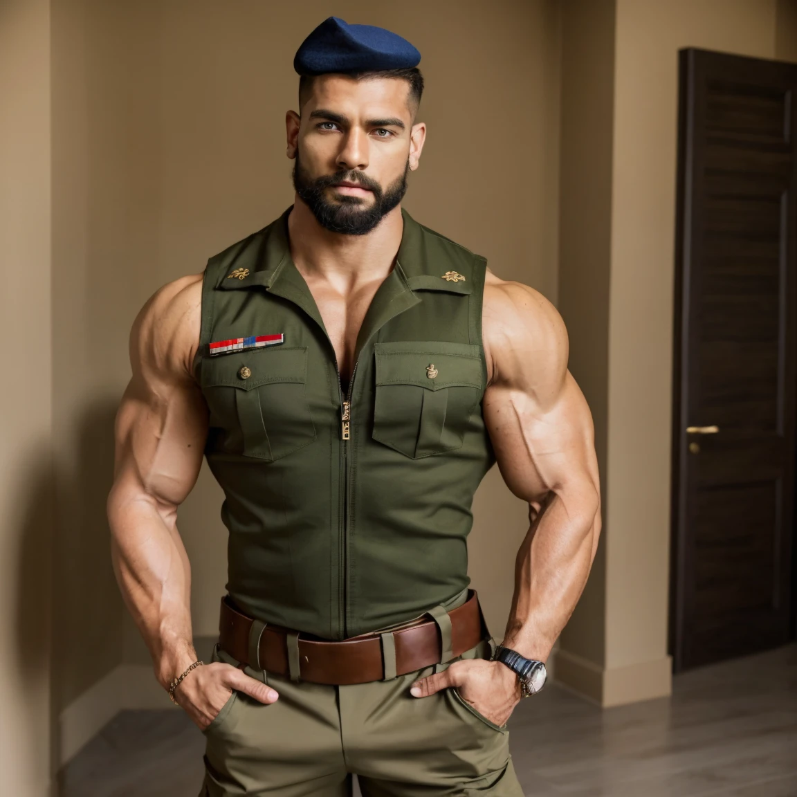 (masterpiece, intricately detailed, highest resolution, best quality:1.2), (doujin), a cocky indian Instagram influencer,a 55 y.o muscle stud with a muscular physique standing up with black eyes,dark-skinned male, wearing a ((open jacket, chav, armbands, tattoos on whole pectorals)), (excessive cum), (cum on body), (cum drip), flaccid penis,saggy balls,hairy chest,vascular,muscle striations,soft light,fantastic realism, colth