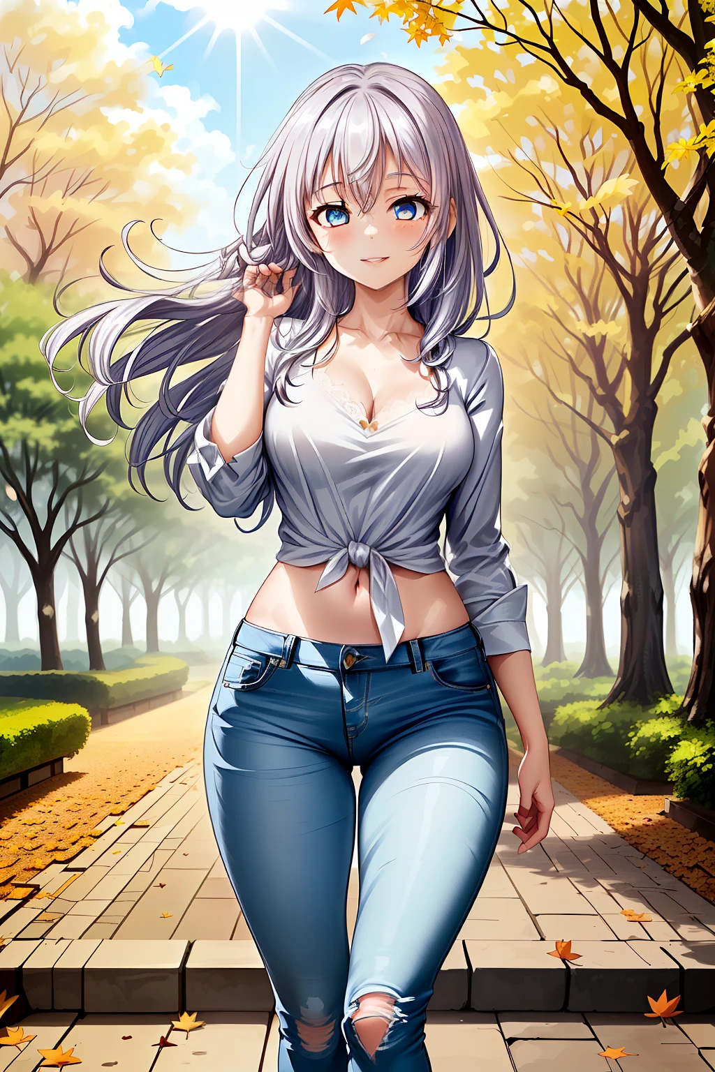 Alisa Kujou (Day:1.7), a stunning anime girl with (perfect anatomy:1.4) and (natural proportions:1.5). She is a (22-year-old:1.1) woman with (delicate, slender fingers:1.3), a (beautifully proportioned body:1.5), an (elegant nose:1.2), (striking, almond-shaped blue eyes:1.6), a (perfectly symmetrical face:1.6), and a (graceful character design:1.5). She has (long, silky white hair:1.5) with (gentle waves:1.3) that cascade down her back, flowing naturally as she walks.

She is dressed in a (form-fitting white shirt:1.4) with (delicate lace decorations:1.3) and a (modest neckline:1.2) that subtly highlights her (slender collarbones:1.3) and (narrow waist:1.4). She wears (well-fitted blue jeans:1.4) that enhance her (long, shapely legs:1.3) and (defined hips:1.2). The jeans sit comfortably at her (slim waist:1.2), showing off her (graceful figure:1.5) without being overly tight.

 She is standing in a relaxed yet elegant pose, with one (leg slightly forward:1.3) and her (hips tilted slightly:1.2) to create a natural curve. One hand is (softly resting by her side:1.2) while the other gently touches her (hair flowing in the breeze:1.3). She has a (gentle, serene smile:1.4) with (softly parted lips:1.2) and a (slight blush:1.1) on her cheeks, enhancing her angelic presence.

 The scene takes place in a (vibrant park:1.3) filled with (lush greenery:1.4) and (colorful flowers:1.2). The (sunlight filters through the trees:1.3), casting (soft, warm rays:1.2) that create a (gentle bokeh effect:1.2) in the background. The ground is covered with (fallen autumn leaves:1.3) gently swaying in the breeze. The atmosphere feels serene, with a (clear blue sky:1.3) and a few (birds soaring in the distance:1.1).

The scene is illuminated with (soft, natural lighting:1.3) that highlights her (smooth, flawless skin:1.5) and (delicate facial features:1.4). Subtle (lens flares:1.1) and (floating petals:1.2) add a magical touch to the setting.