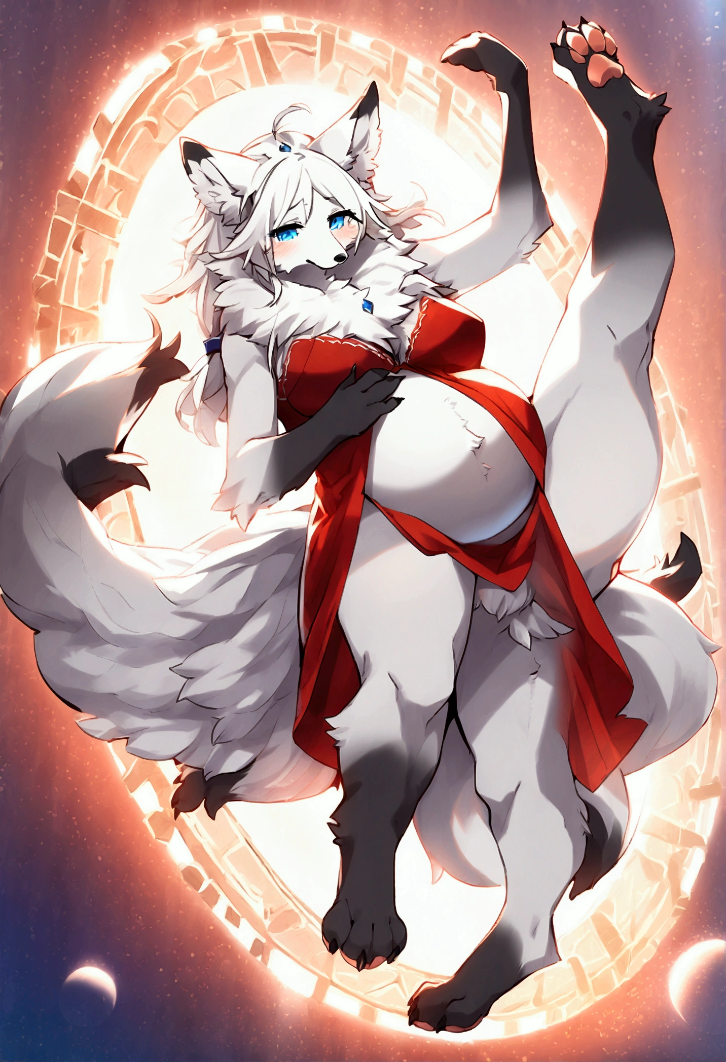 (top quality, best quality, Lemoco, High-quality illustrations, masterpiece, perfect artwork, cinematic light and shading, 16k, 1080p, uploaded on e621)(kemono, furry, anthro, alone), 1 female, (very detailed body, face, tail, arms, hands, legs, head and eyes), arctic fox, Yukime, (The Eminence in Shadow), hunter body, huge breasts, white fur, fluffy, fluffy nine tails, hair, perfect eyes, blue eyes, black pupils, beautiful nightgown, beautiful shrine garden, body movement, body twitching, beautiful pregnant, spread legs, legs up in the air, paws, paws pads, red blushing, shy, protective behavior