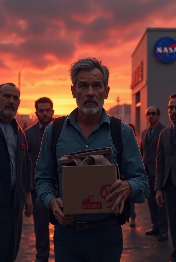 (35mmstyle:1) artstyle medium shot portrait photo captivating film still of a Skinny man wearing a blue suit with a striking expression and body language, Debris from a Giant Explosion in New York City is happening in the background out of focus, depth of field, epic, Anarchy, end of the world