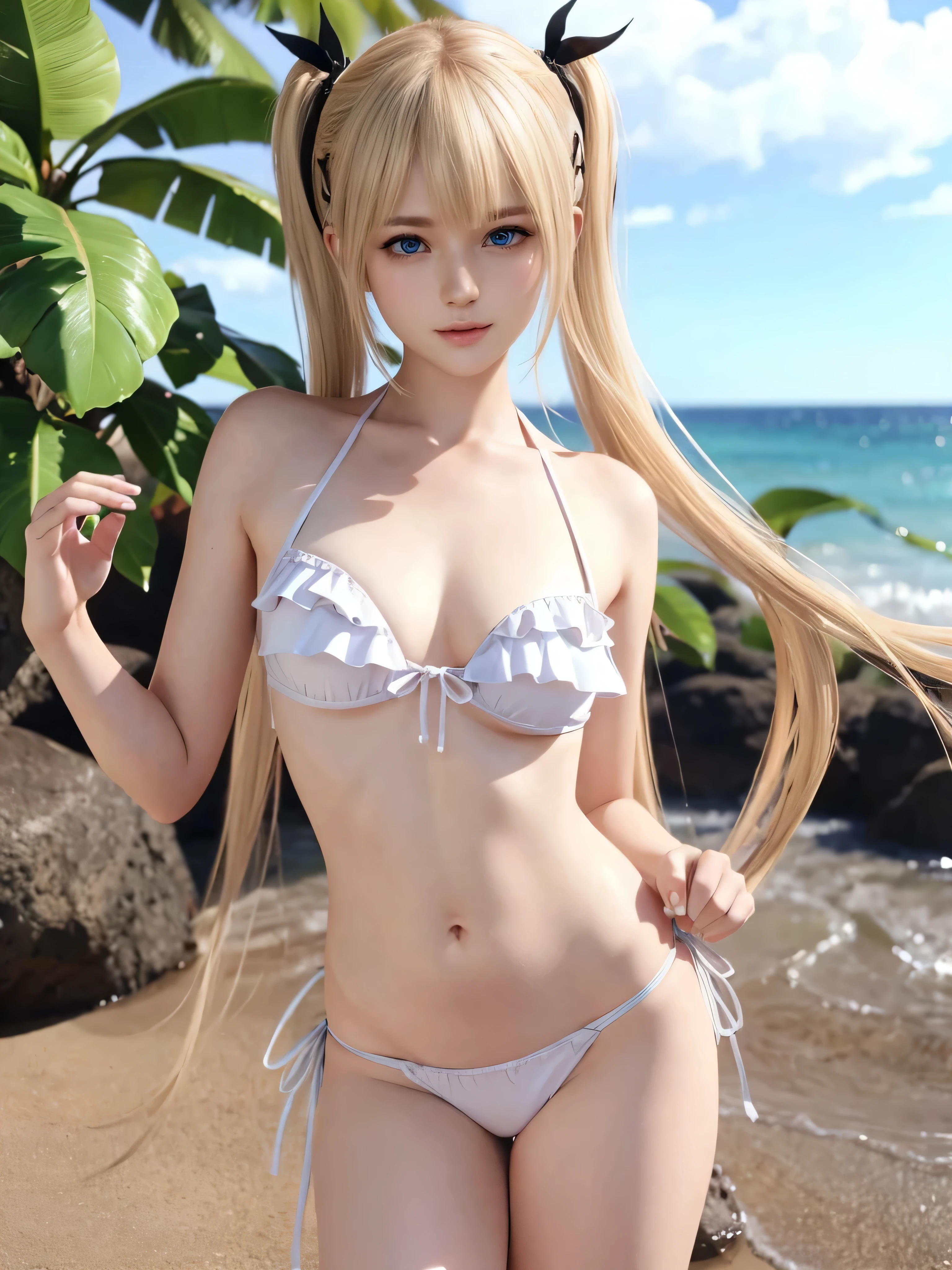 nsfw, (Marie Rose、Very young face), ツインテールの髪と髪に花をつけたAnimeの女の子, (layered bikini+Smaller cloth area), Great sandy beach、photorealistic Anime girl render, photorealistic Anime, hyper realistic Anime, pussy line、( underbust:1.3),blonde pubic hair:1.25,Anime.  soft lighting,  soft portrait shot 8k , realistic Anime art style, 3 d Anime realistic, 8K Art Jam Bokeh, Anime realism style,  cute realistic portrait  , beautiful Anime portrait、Very slim body、Very short、 Software 