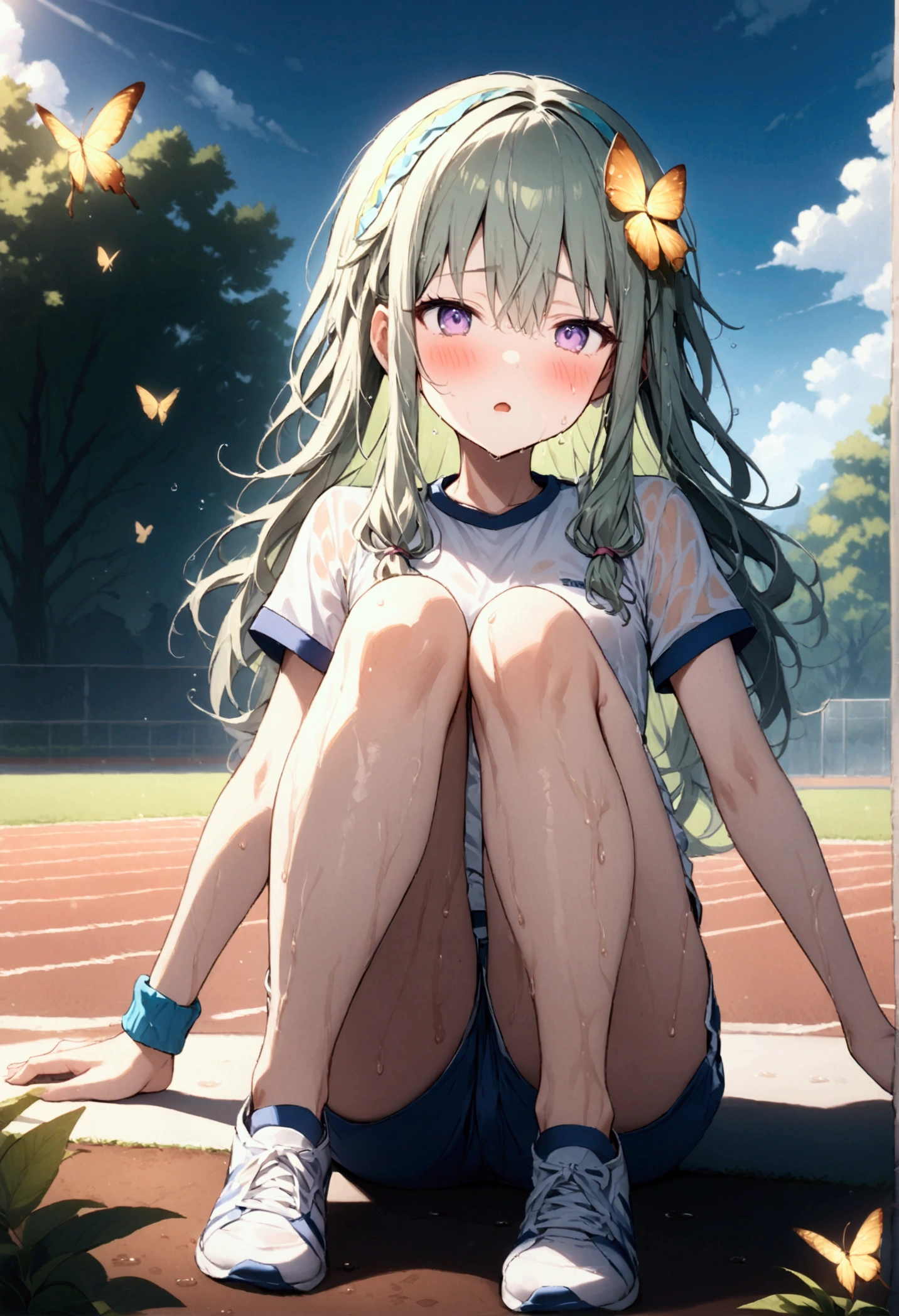 High image quality 、masterpiece、  High Quality 、Full HD、4K 、Kusanagi Nin々、Long hair 、 yellow butterfly headband 、Purple Eyes、slim、Short-sleeved plain white gym clothes 、My gym clothes are wet from sweat 、gym clothes with shorts、blush、 makes your cheeks red、Red blush on cheeks、 shy 、 flat chest、Can you see through sports bras、Large drops of sweat、My body is wet with sweat、 sitting on the ground、Show me your toes、 wearing running shoes、High school grounds、blue sky